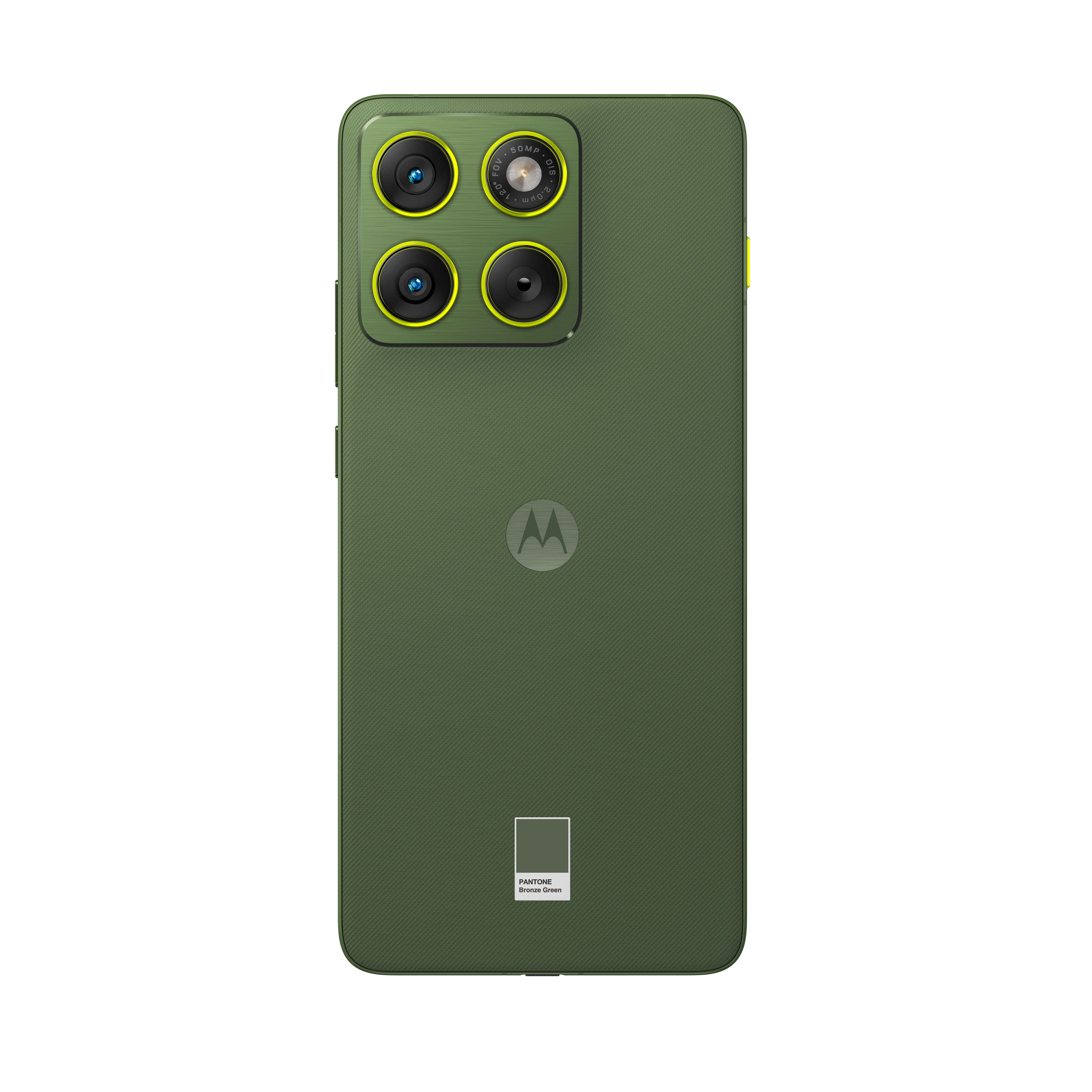 Zielony smartfon z czterema aparatami i logo Motoroli.