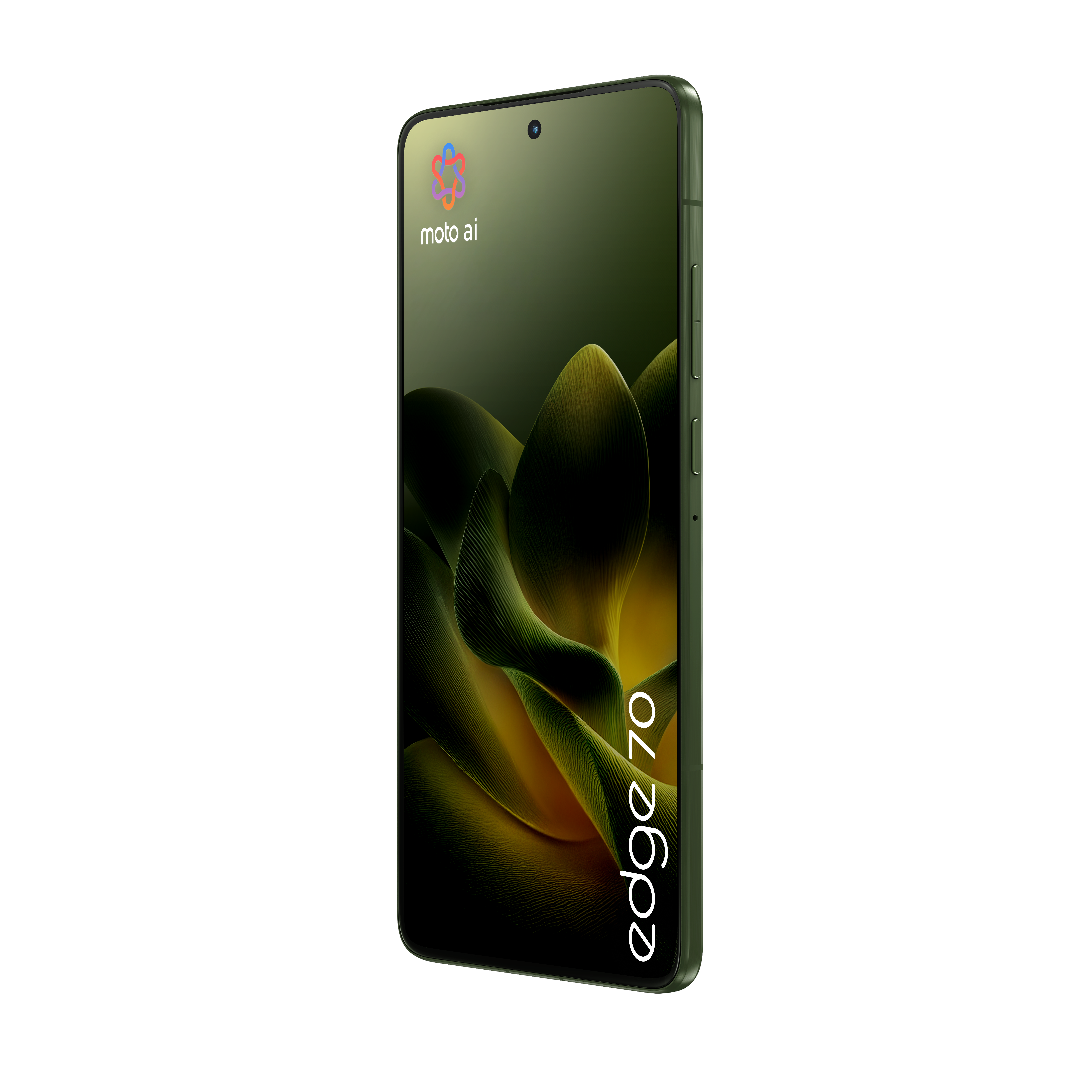 Ciemnozielony smartfon z napisem "moto ai" i "edge 70" na ekranie.