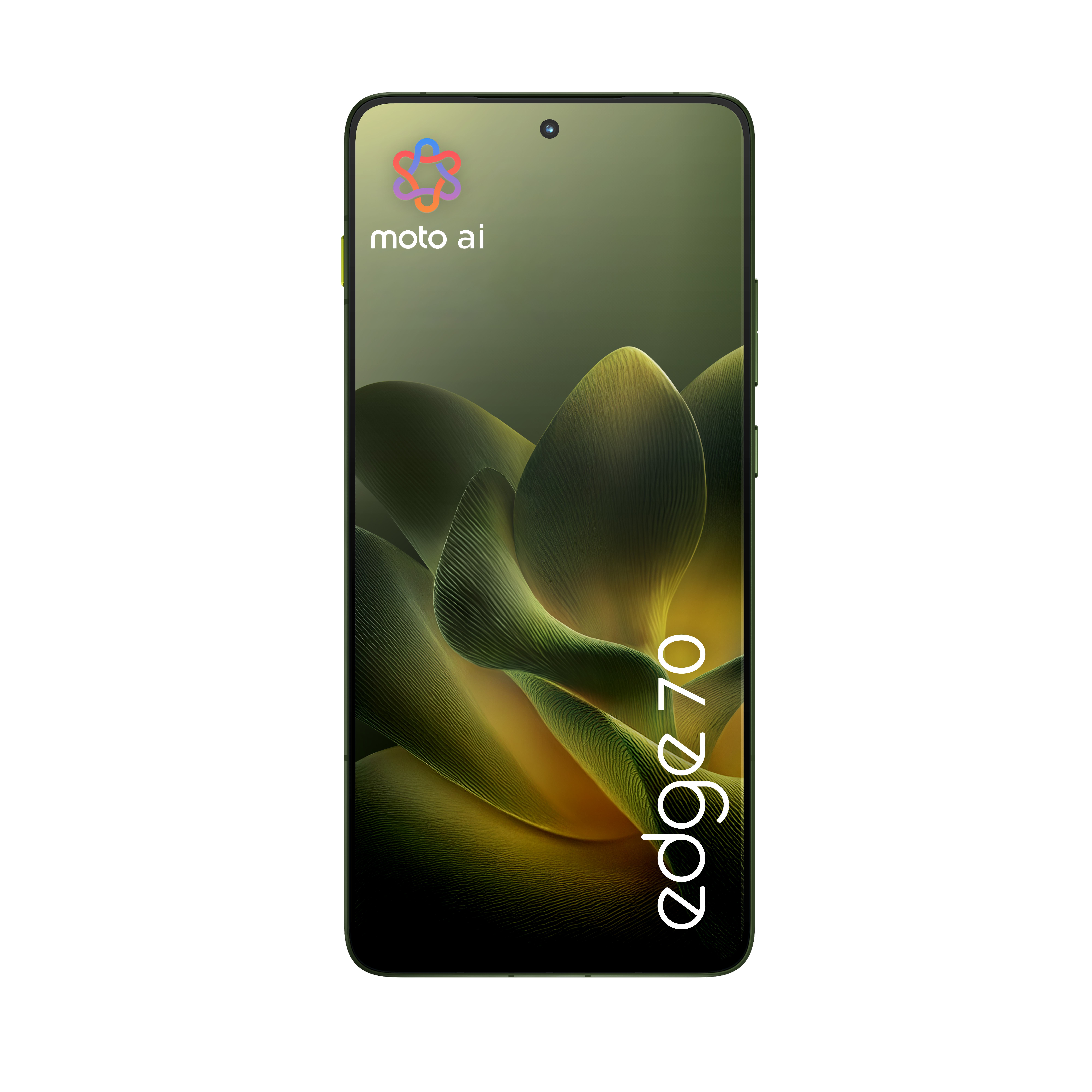 Smartfon z napisem "moto ai" i "edge 70" na zielonym tle.