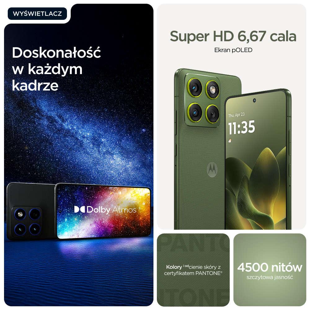 Dwa zielone i czarne smartfony, jeden z logo Dolby Atmos, na tle gwiazd.