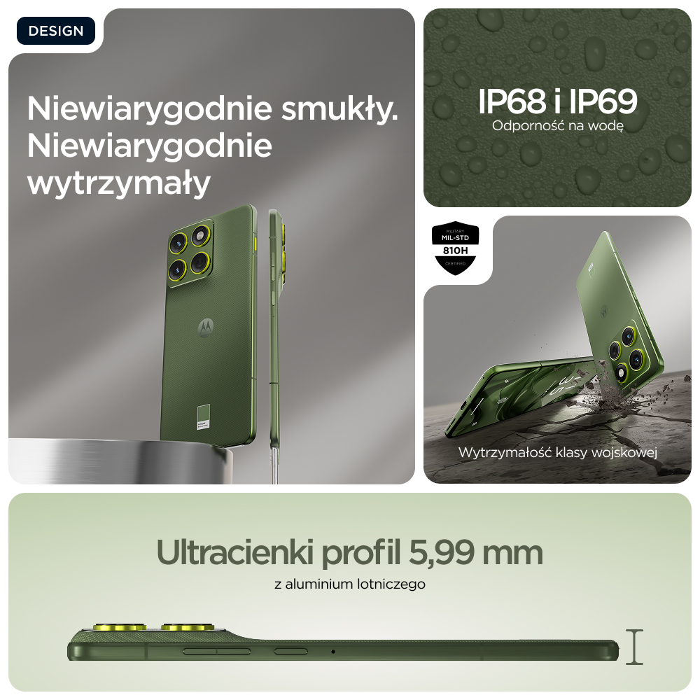 Zielony smartfon z trzema aparatami, IP68/IP69, certyfikat MIL-STD-810H.