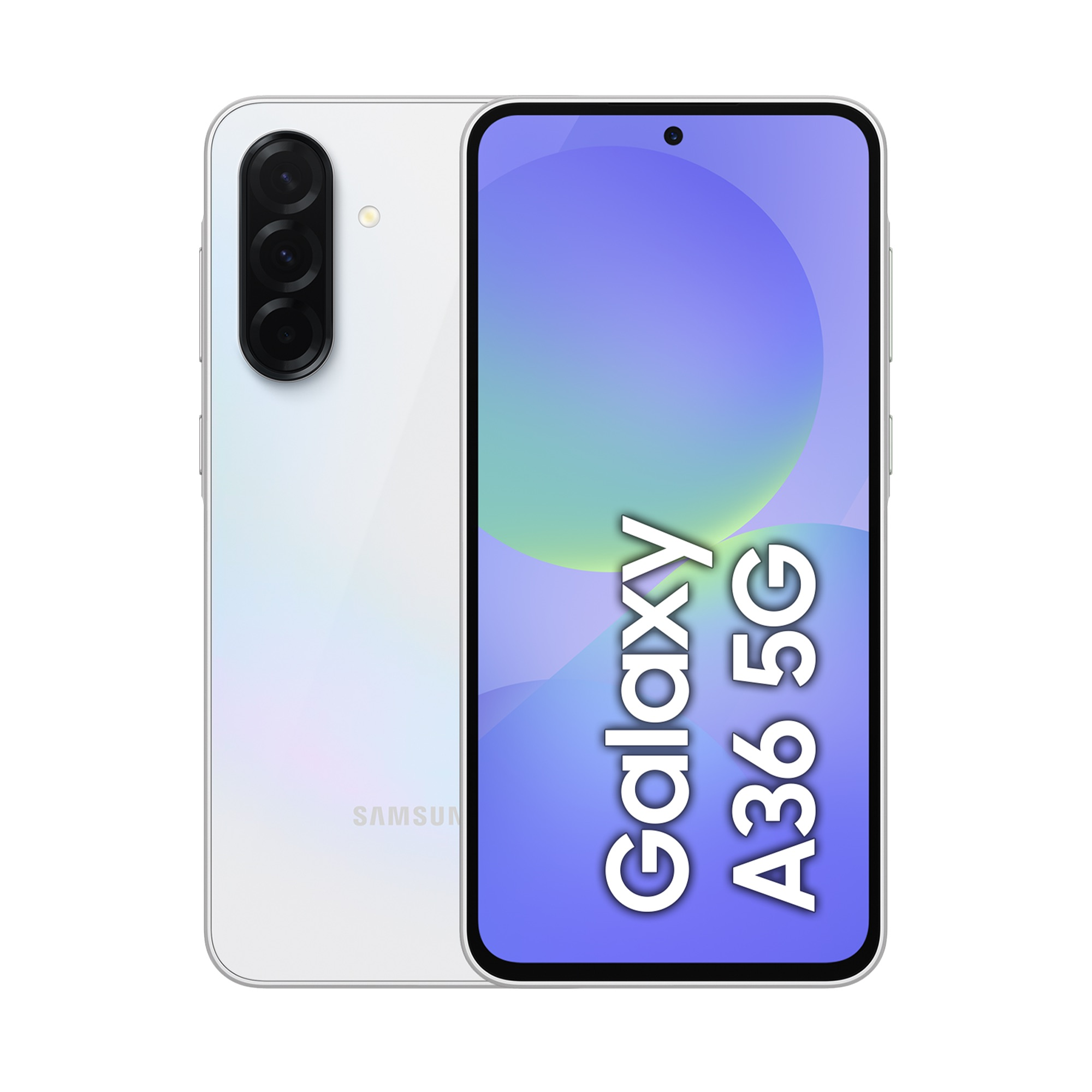 Biały smartfon Samsung Galaxy A36 5G z trzema aparatami z tyłu.