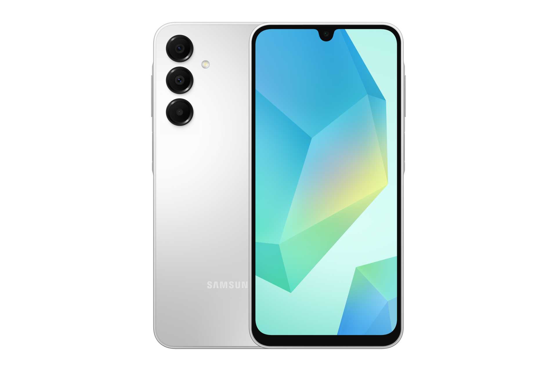 Biały smartfon z trzema tylnymi aparatami i kolorowym wyświetlaczem.