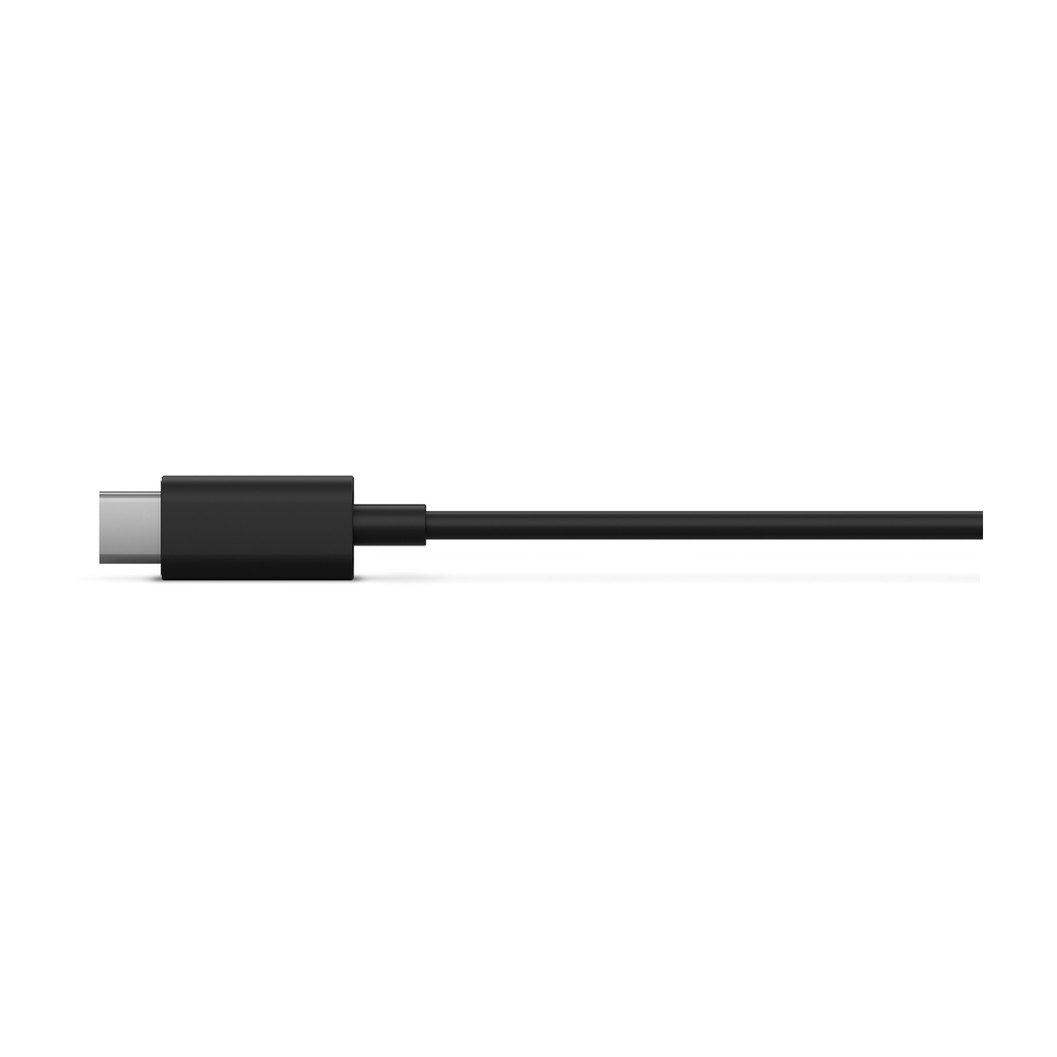 Un cavo USB-C nero su sfondo bianco.