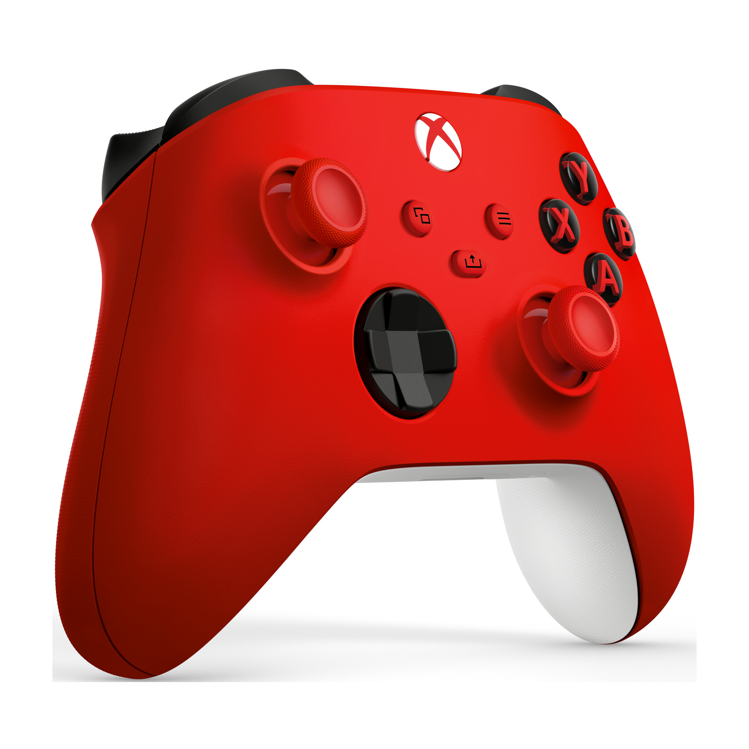 Un controller Xbox rosso con accenti neri e impugnature bianche.