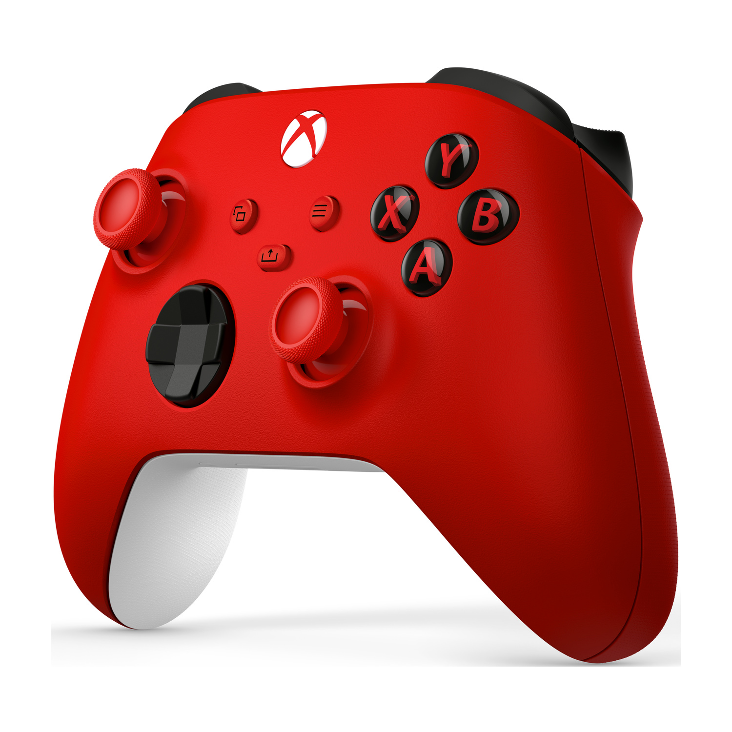 Un controller Xbox rosso con accenti neri e impugnature bianche.
