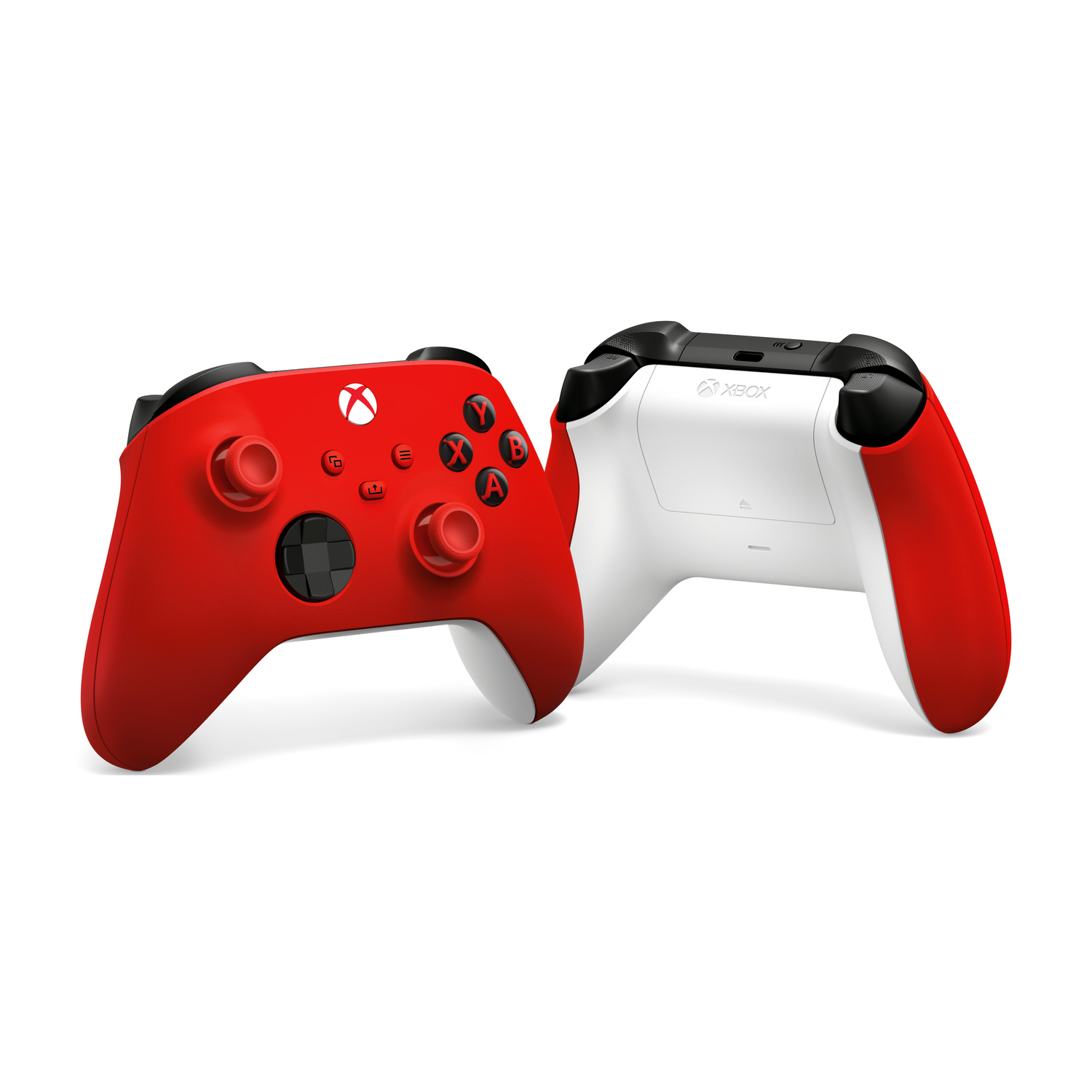 Due controller Xbox rossi e bianchi, uno frontale e uno posteriore.
