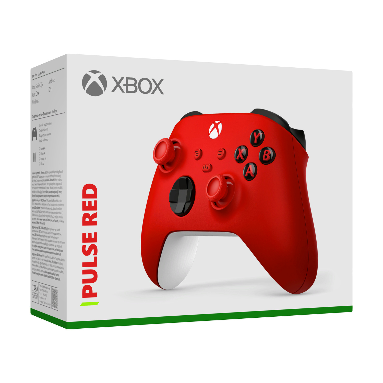 Un controller Xbox rosso è mostrato sulla sua confezione, etichettato 'Pulse Red'.