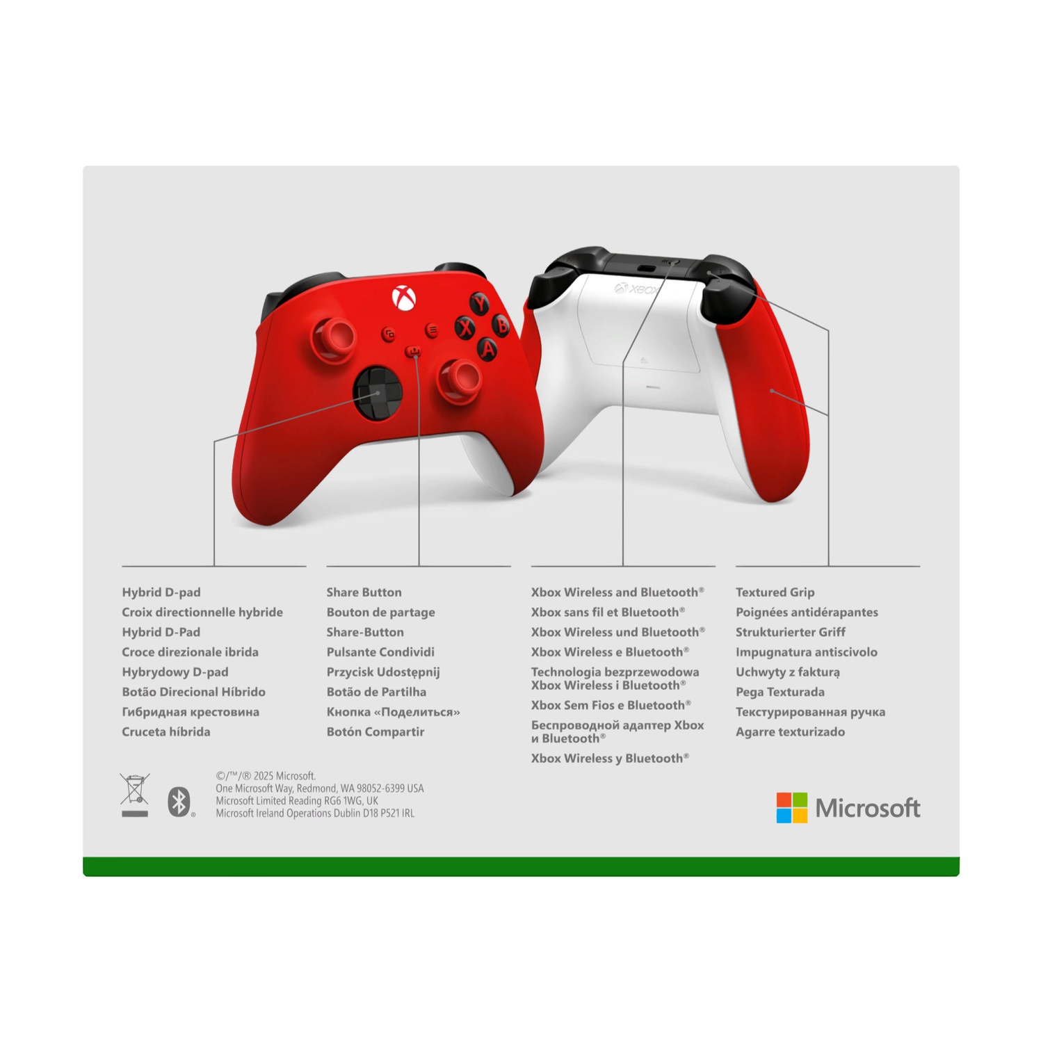 Controller Xbox rossi e bianchi con etichette per D-pad ibrido, pulsante Condividi e impugnatura testurizzata.