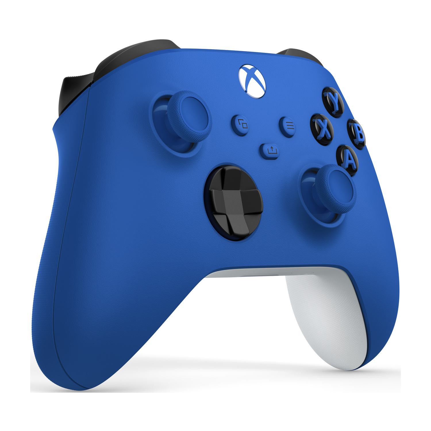 Un controller Xbox blu con accenti neri e impugnatura bianca.