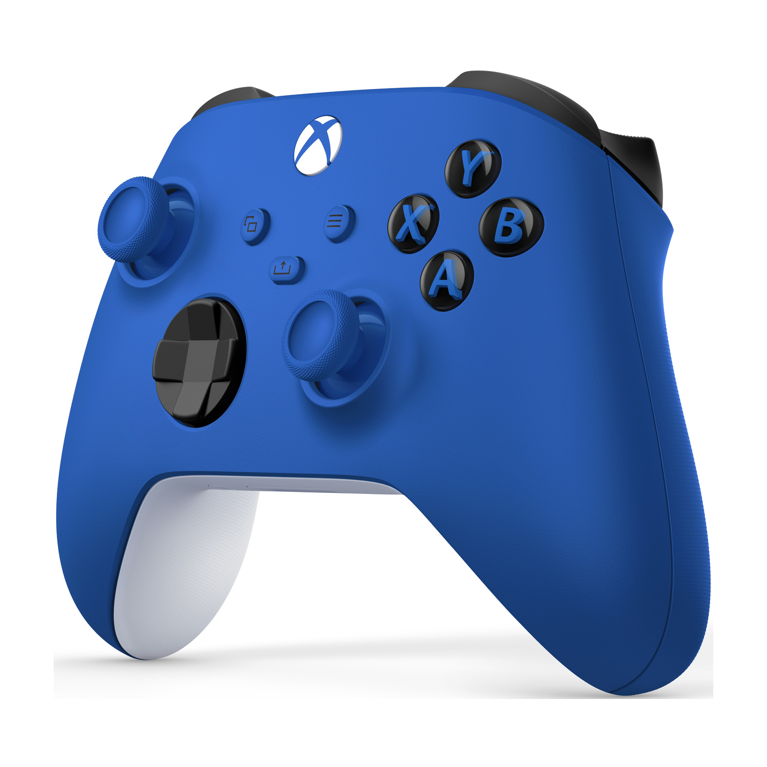 Un controller Xbox blu con impugnature bianche e pulsanti neri.