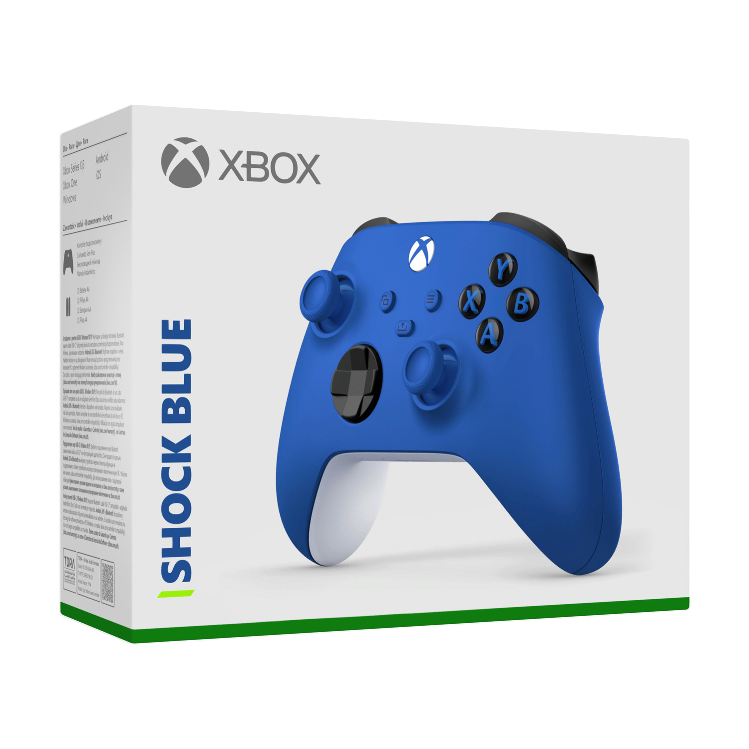 Una scatola blu per controller Xbox con il controller visibile sul davanti.