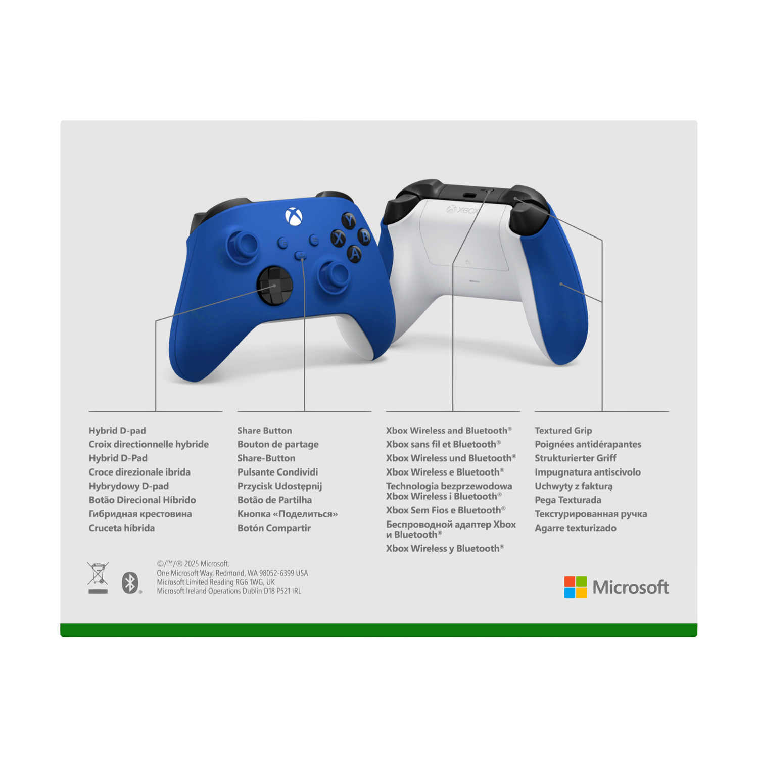 Due controller Xbox, uno blu e uno bianco, uno accanto all'altro. Il controller blu è davanti.