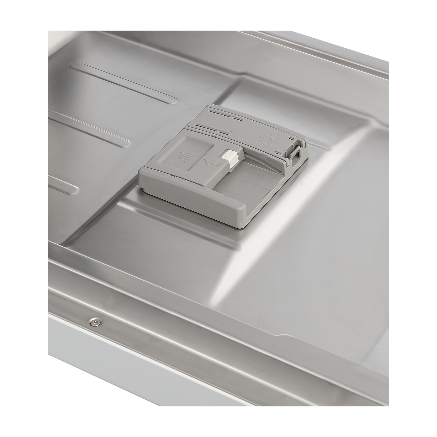 Dispenser detersivo grigio in un cassetto lavastoviglie in acciaio inox.