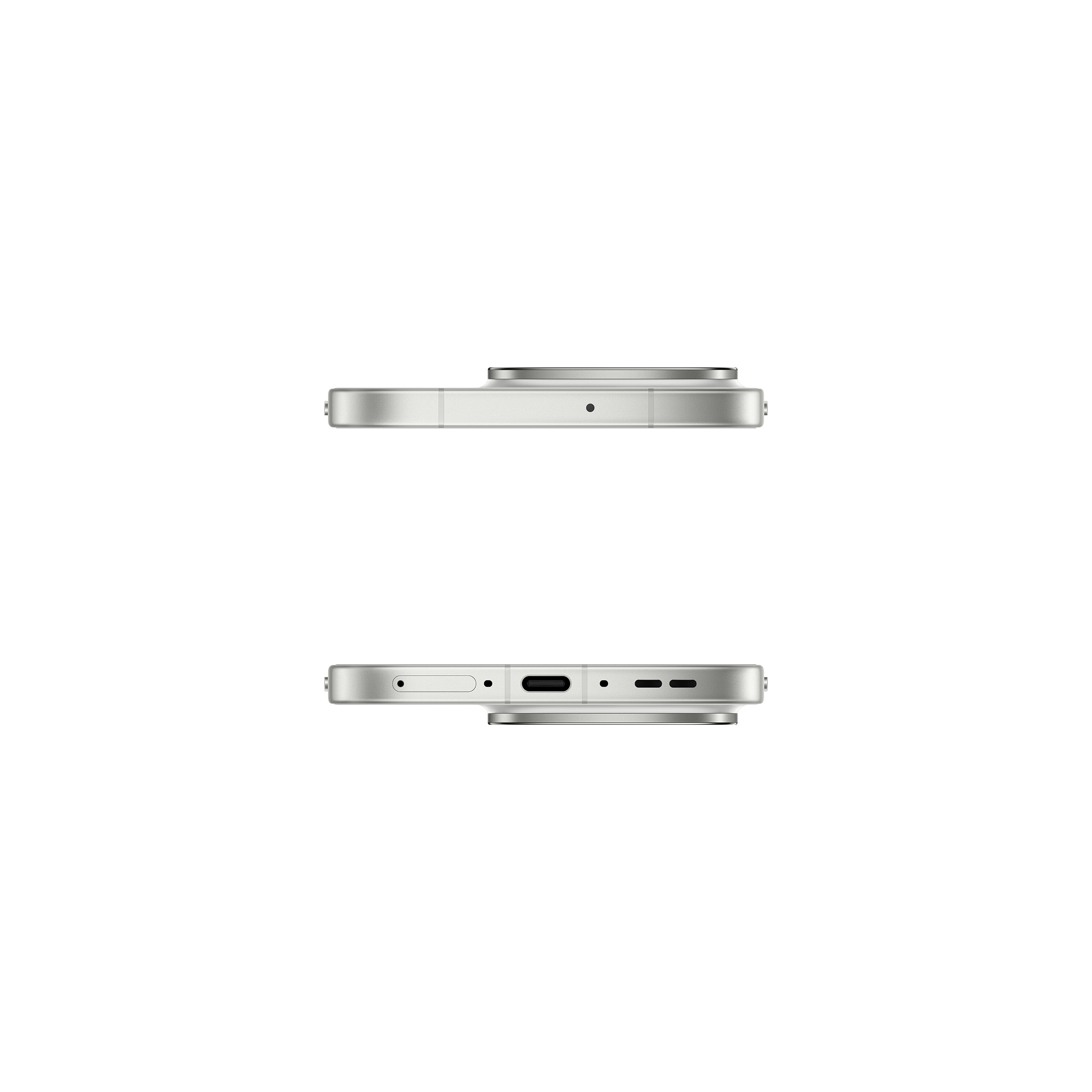 Srebrny smartfon pokazany z góry i z dołu, z portami.