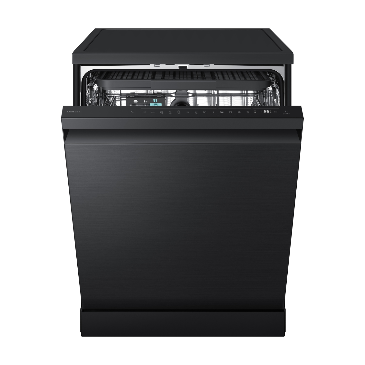 Lavastoviglie Samsung nero con porta aperta, display mostra 1:29.