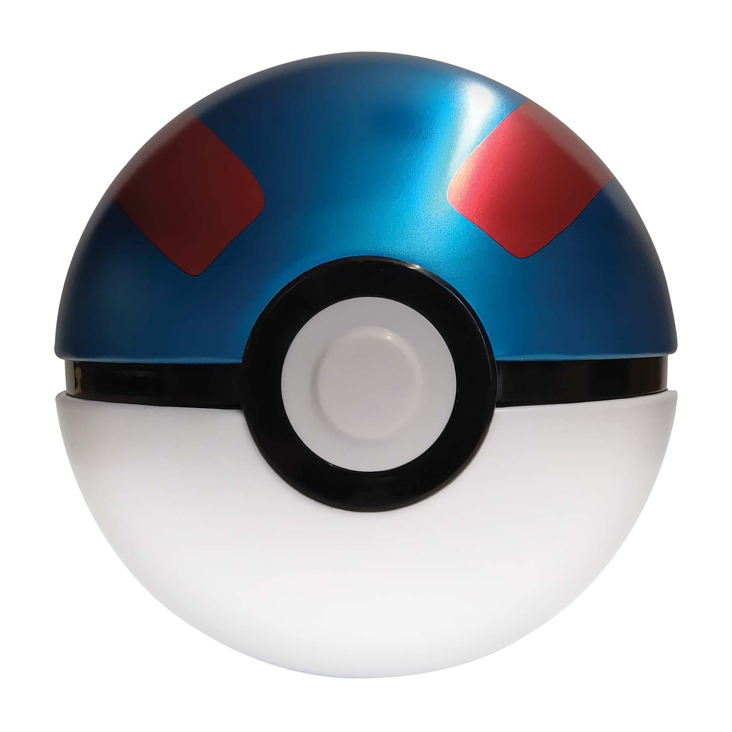Un Poké Ball blu con accenti rossi e una parte inferiore bianca.
