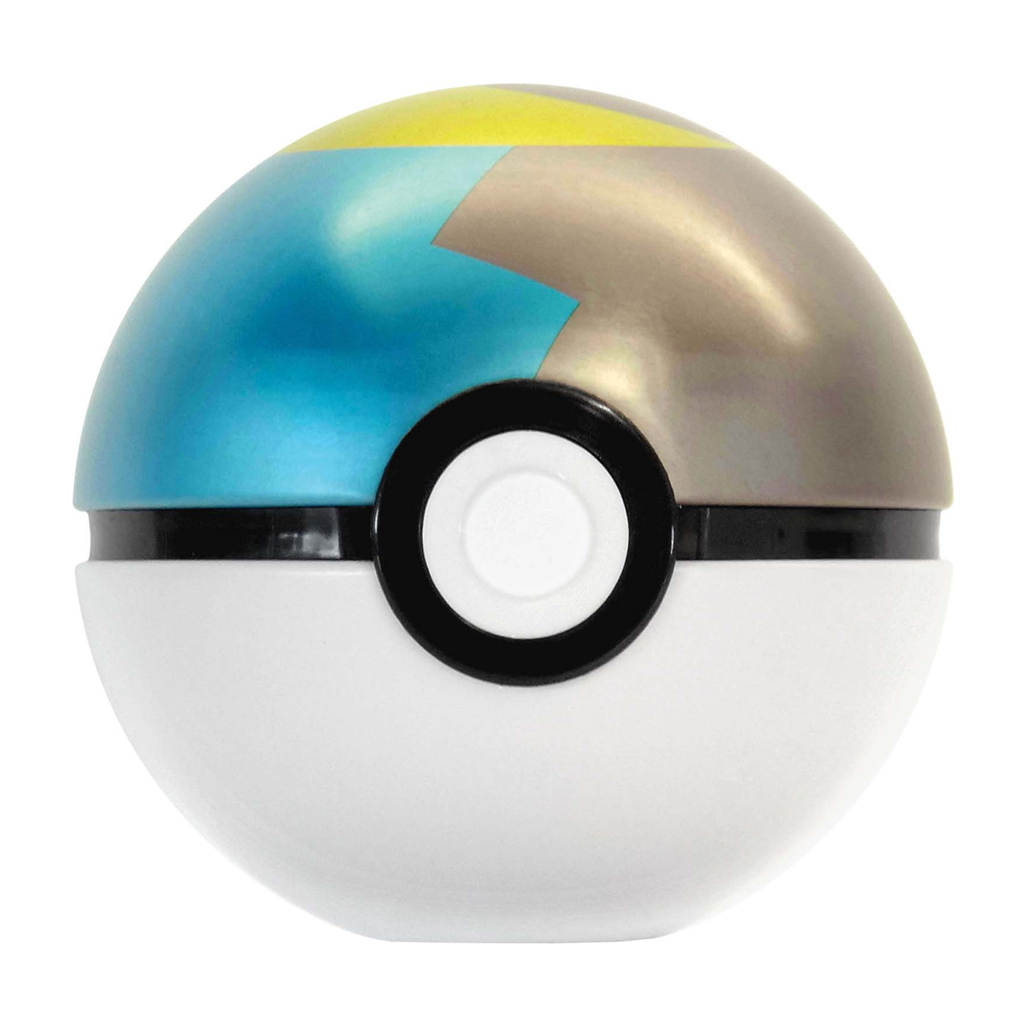 Una Poké Ball colorata con base bianca e accenti neri.