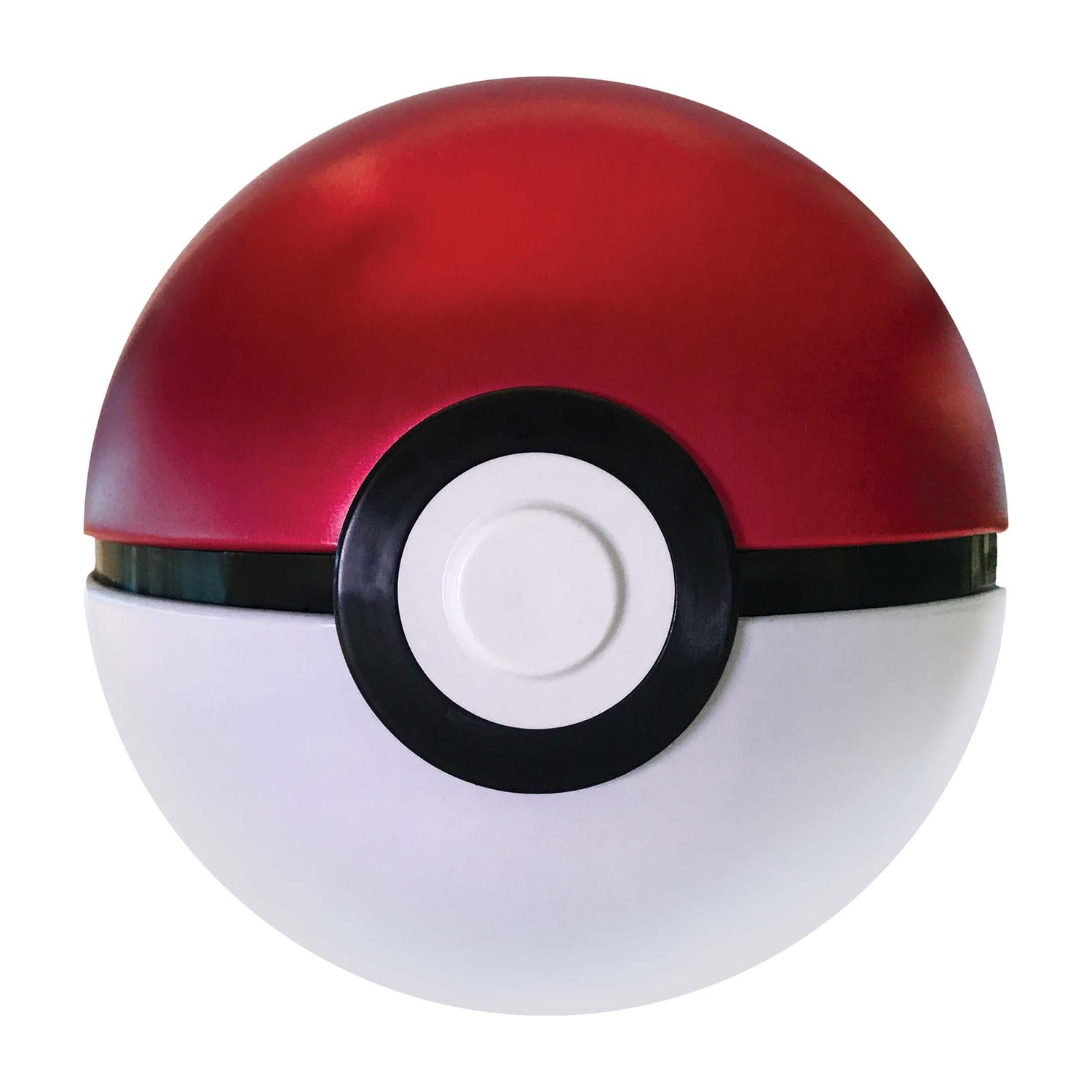 Una sfera Pok'Ball rossa e bianca con fascia nera e cerchio bianco.