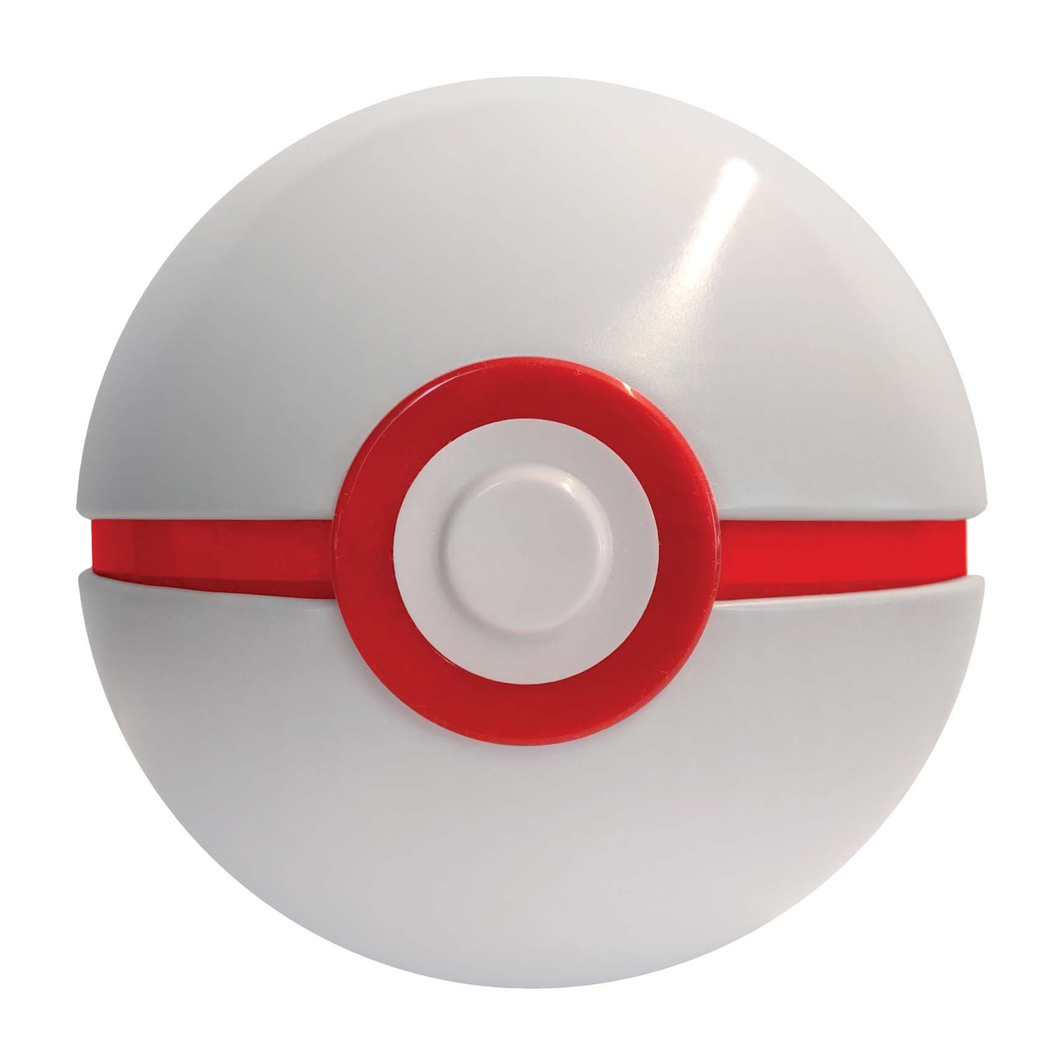 Una Poké ball bianca con fascia rossa e cerchio bianco.