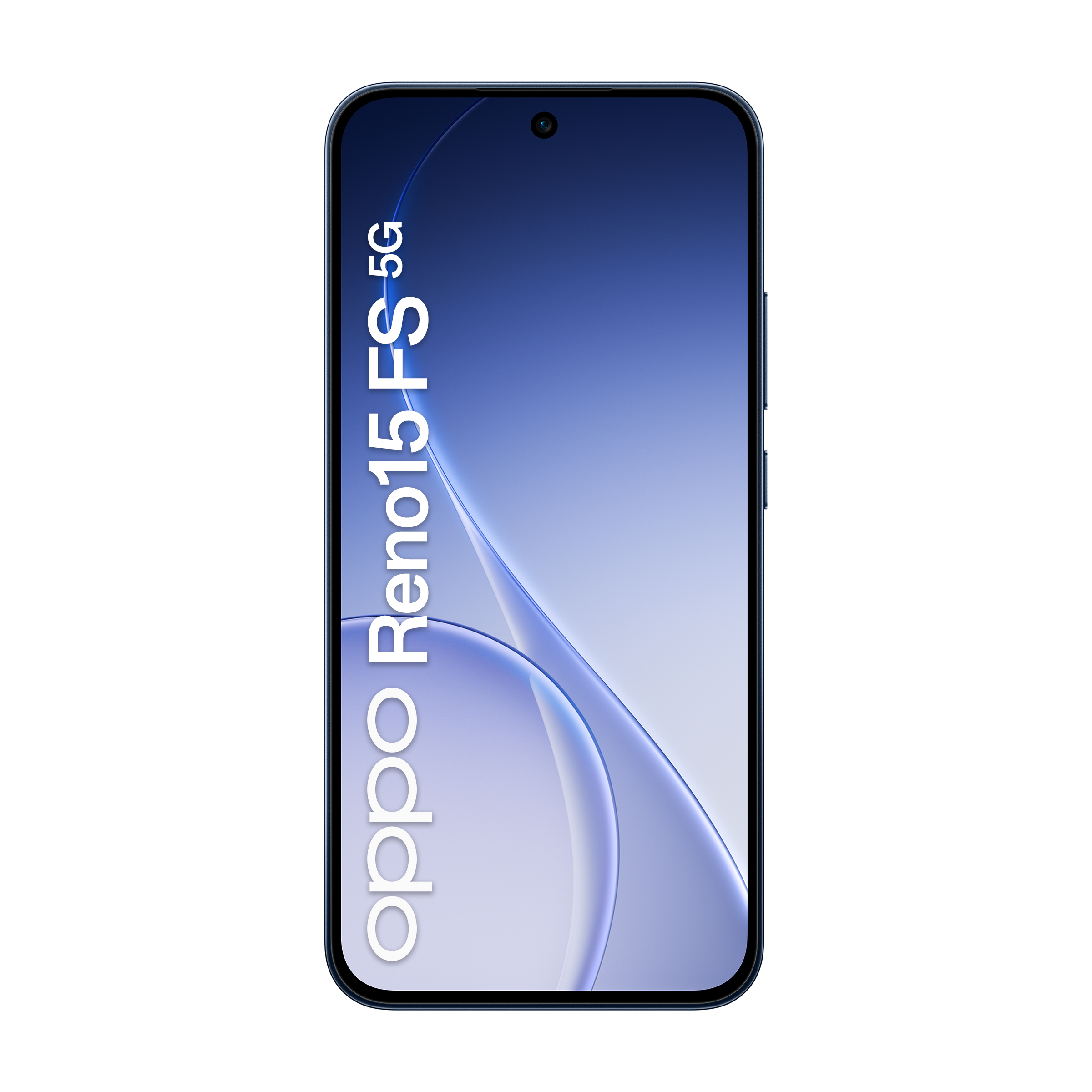 Ciemny smartfon Oppo Reno15 5G z niebieskim tłem.