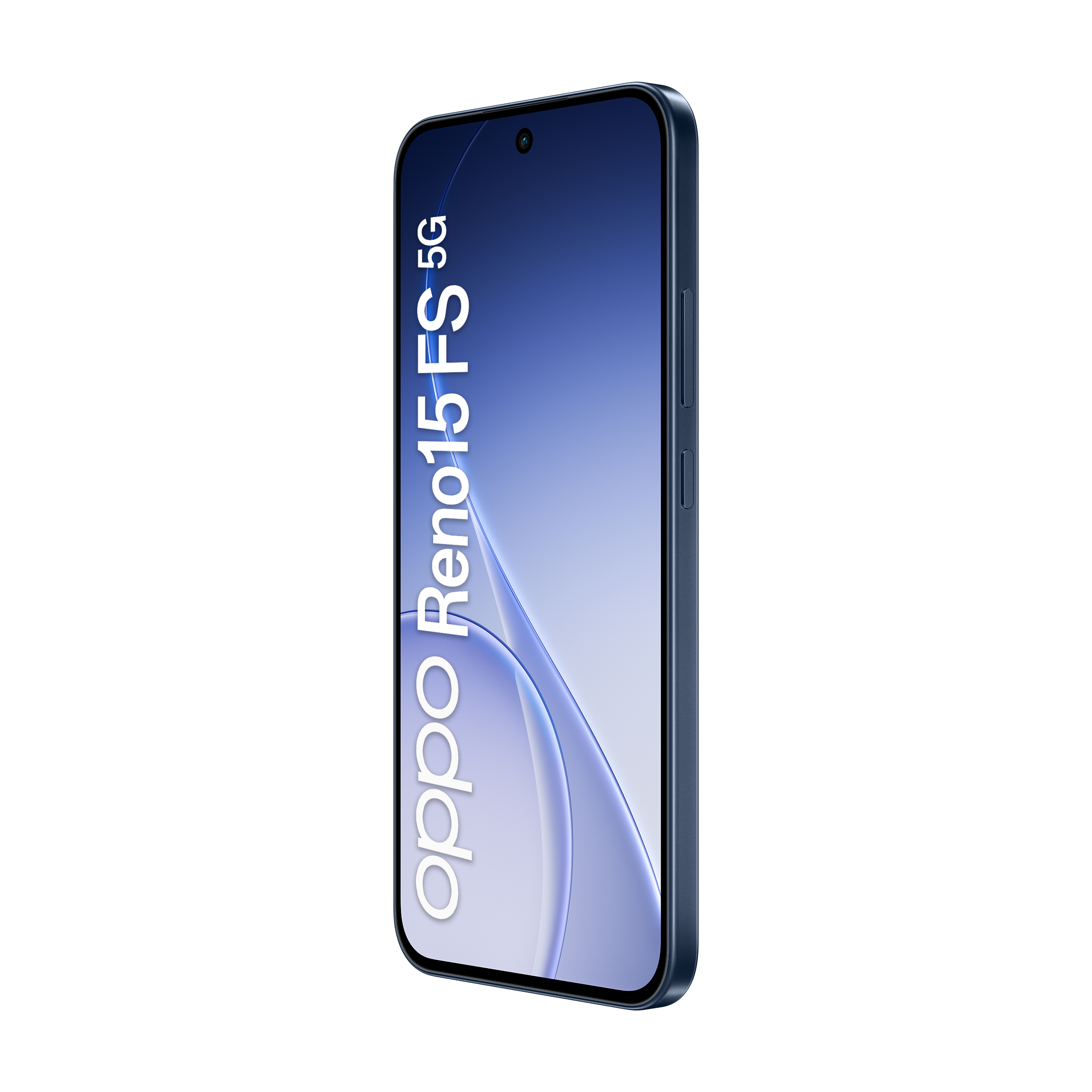 Ciemnoniebieski smartfon Oppo Reno15 5G z wycięciem na przedni aparat.