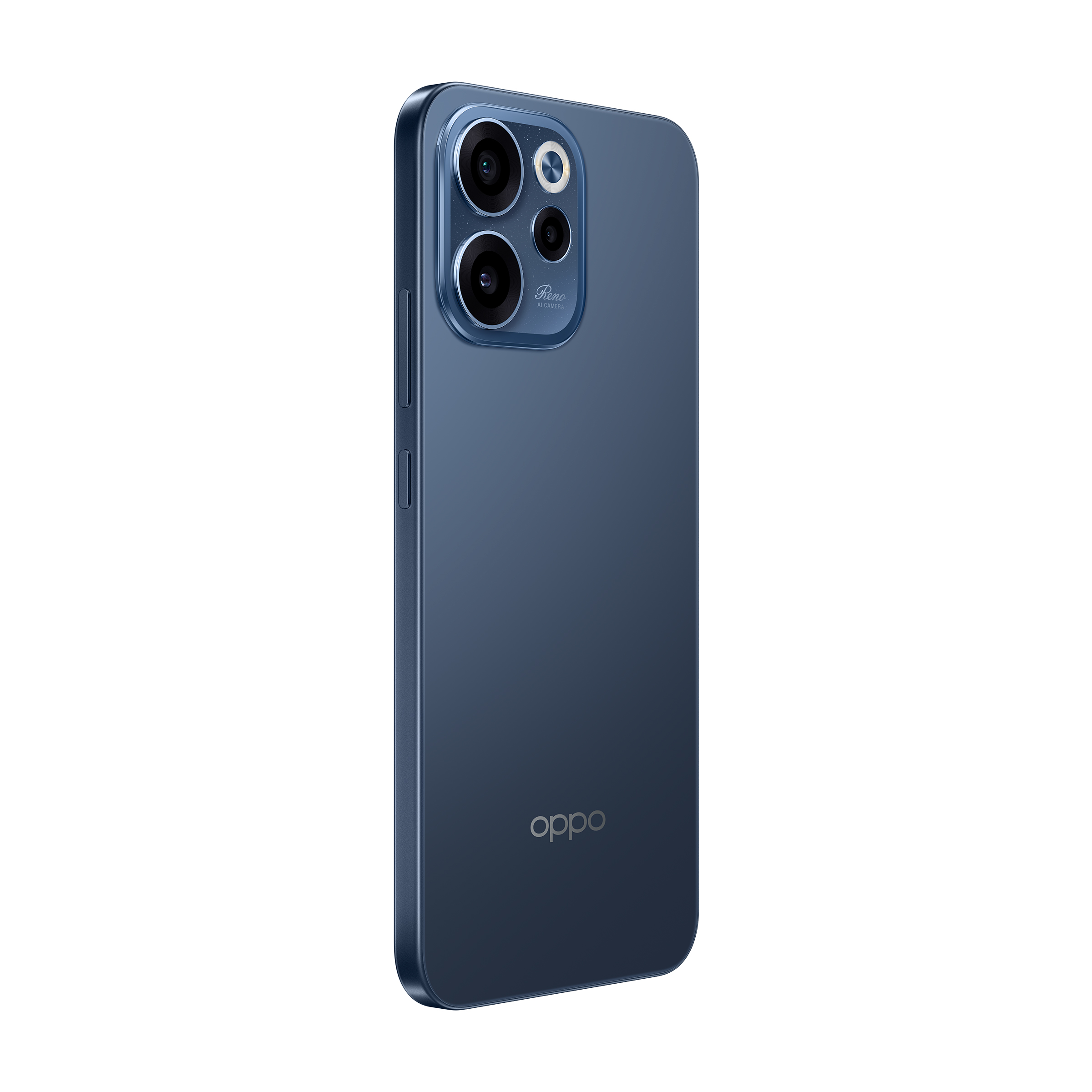 Granatowy smartfon z trzema aparatami i logo OPPO na białym tle.