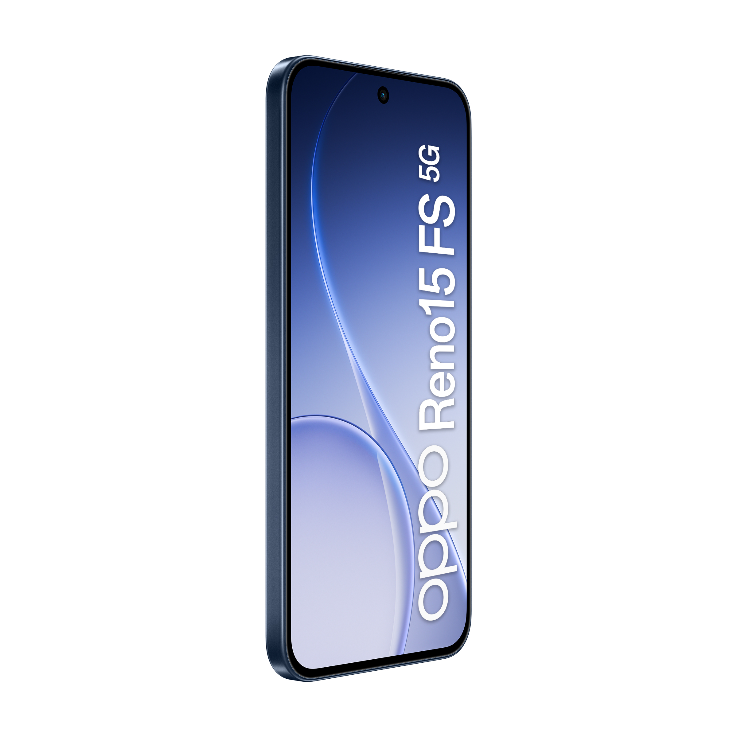 Ciemnoniebieski smartfon Oppo Reno15 5G z niebieskim tłem.