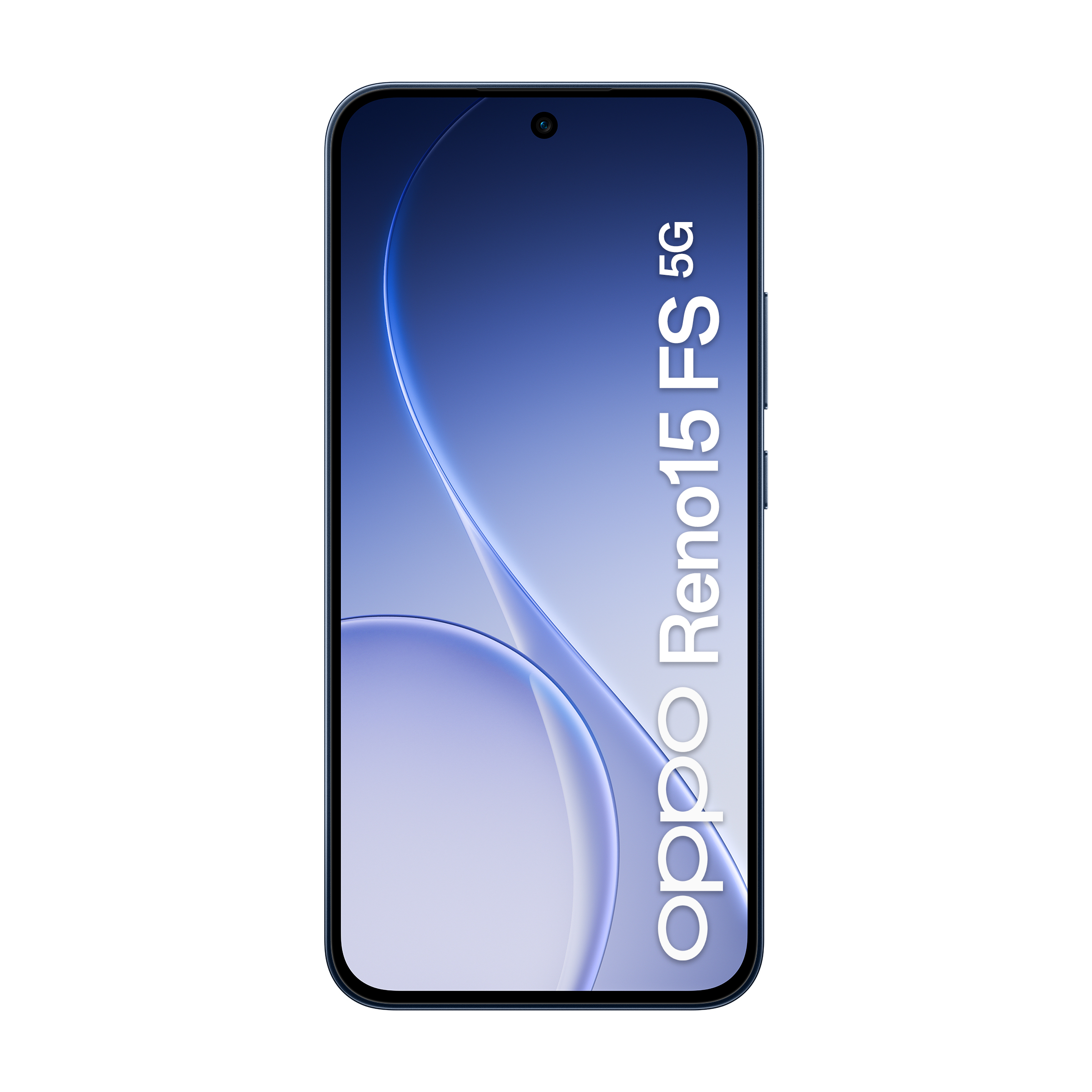 Ciemny smartfon z napisem "oppo Reno15 5G" na niebieskim tle z gradientem.