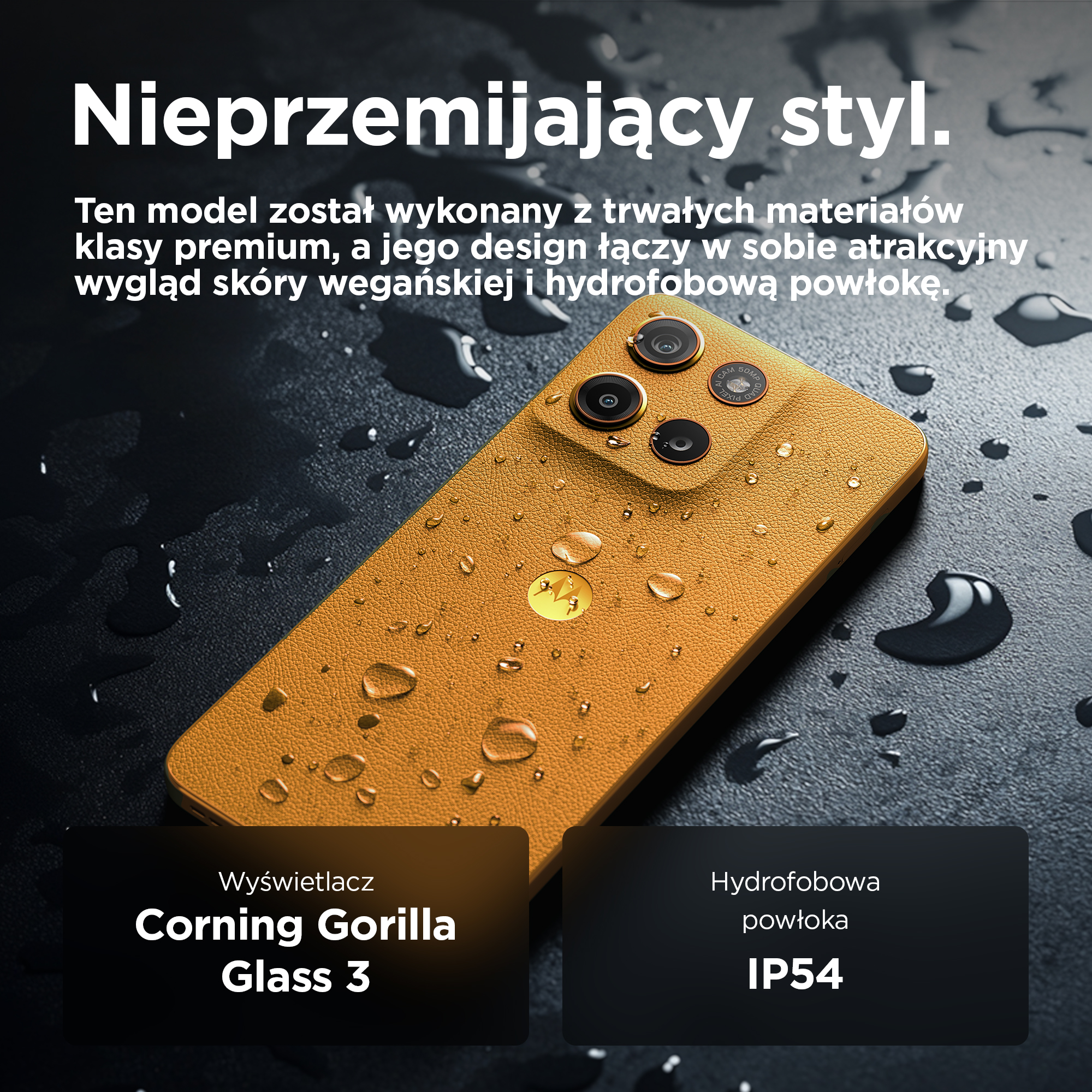 Pomarańczowy smartfon z rozpryskami wody, Corning Gorilla Glass 3 i IP54.