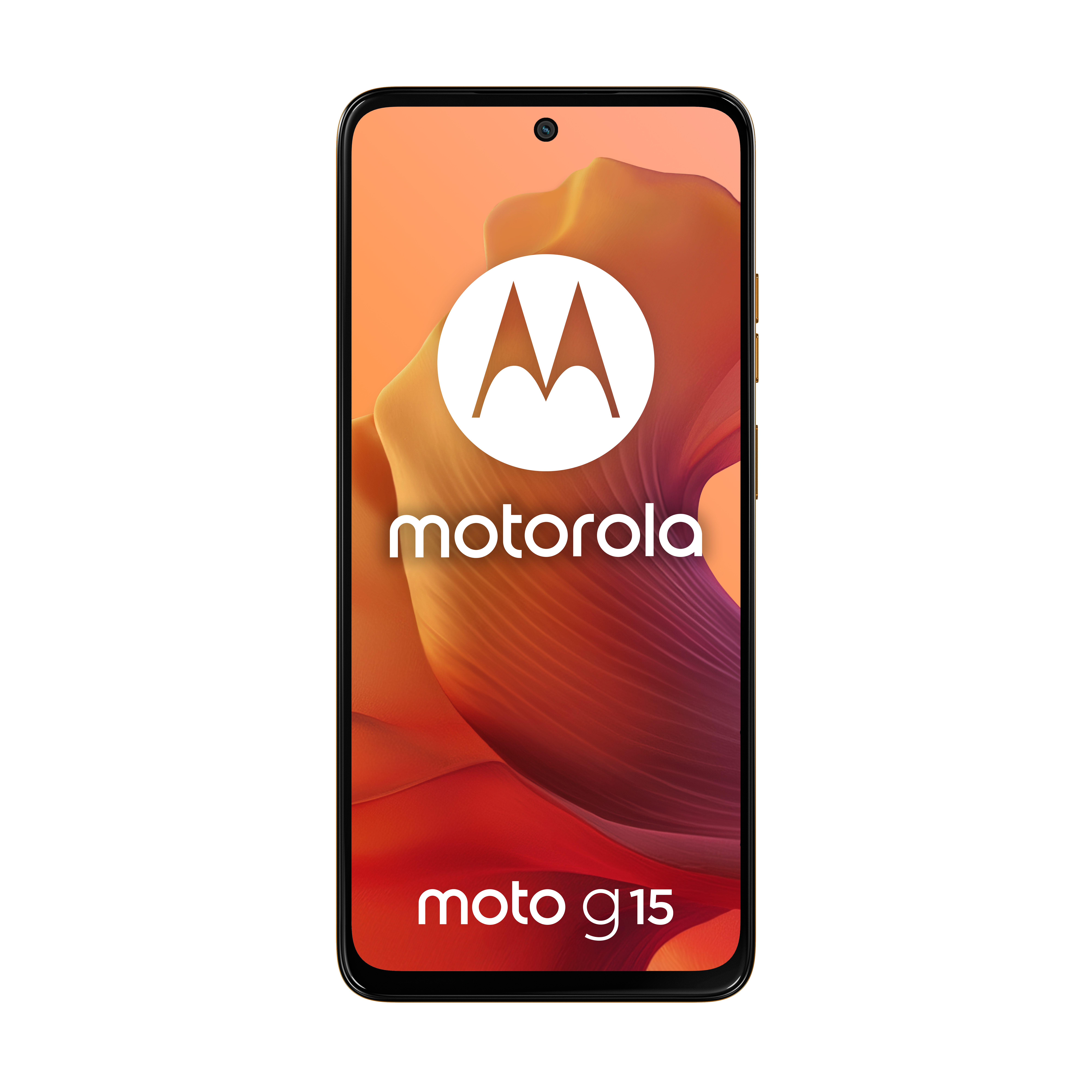 Smartfon Motorola Moto G15 na pomarańczowym tle.