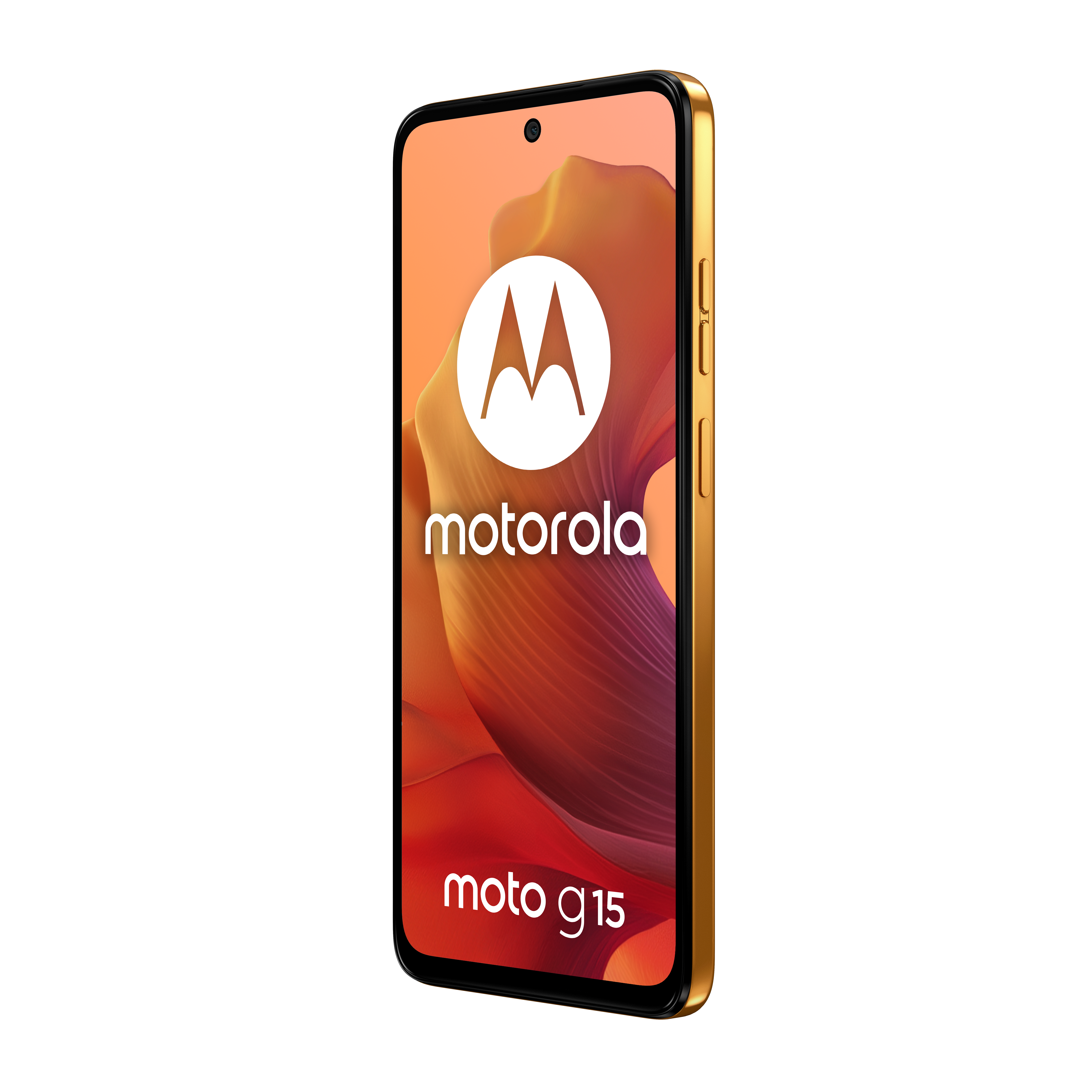 Złoty smartfon Motorola Moto G15 z pomarańczowym tłem.