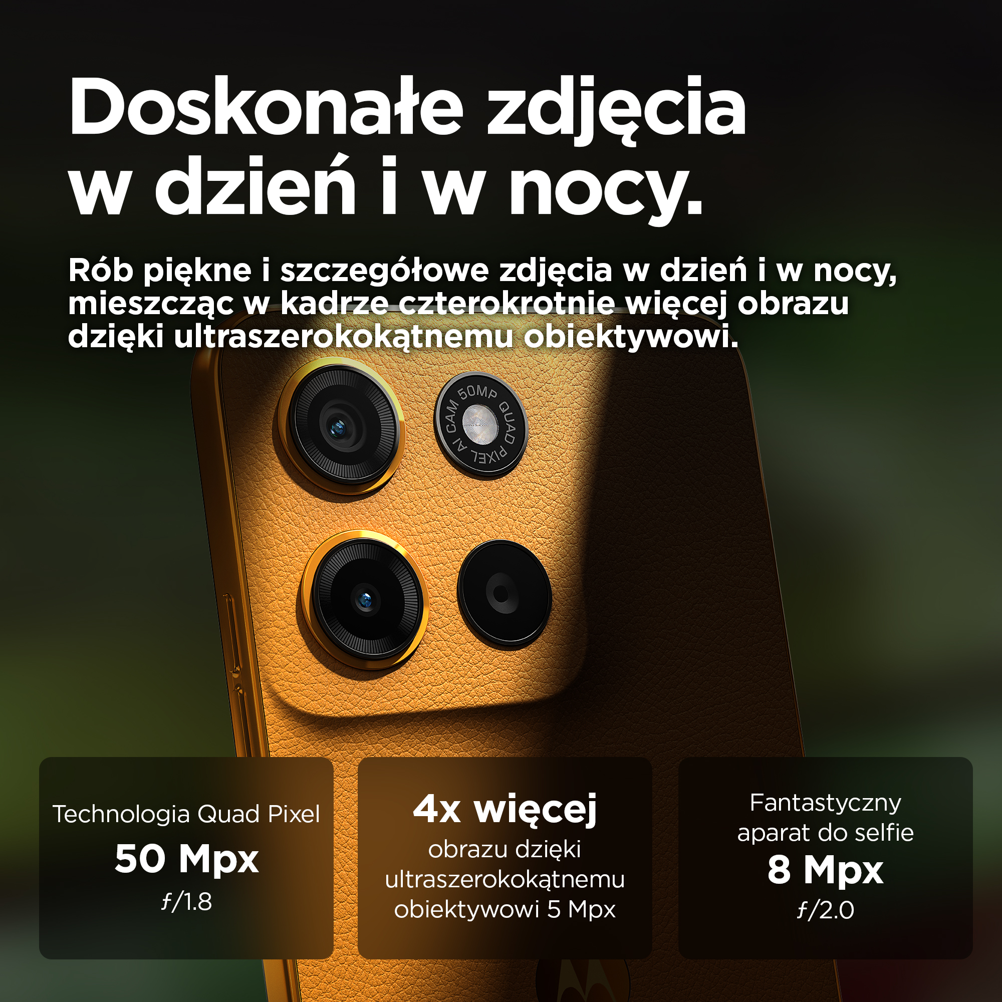 Pomarańczowy tył telefonu z trzema aparatami i tekstem o fotografii.