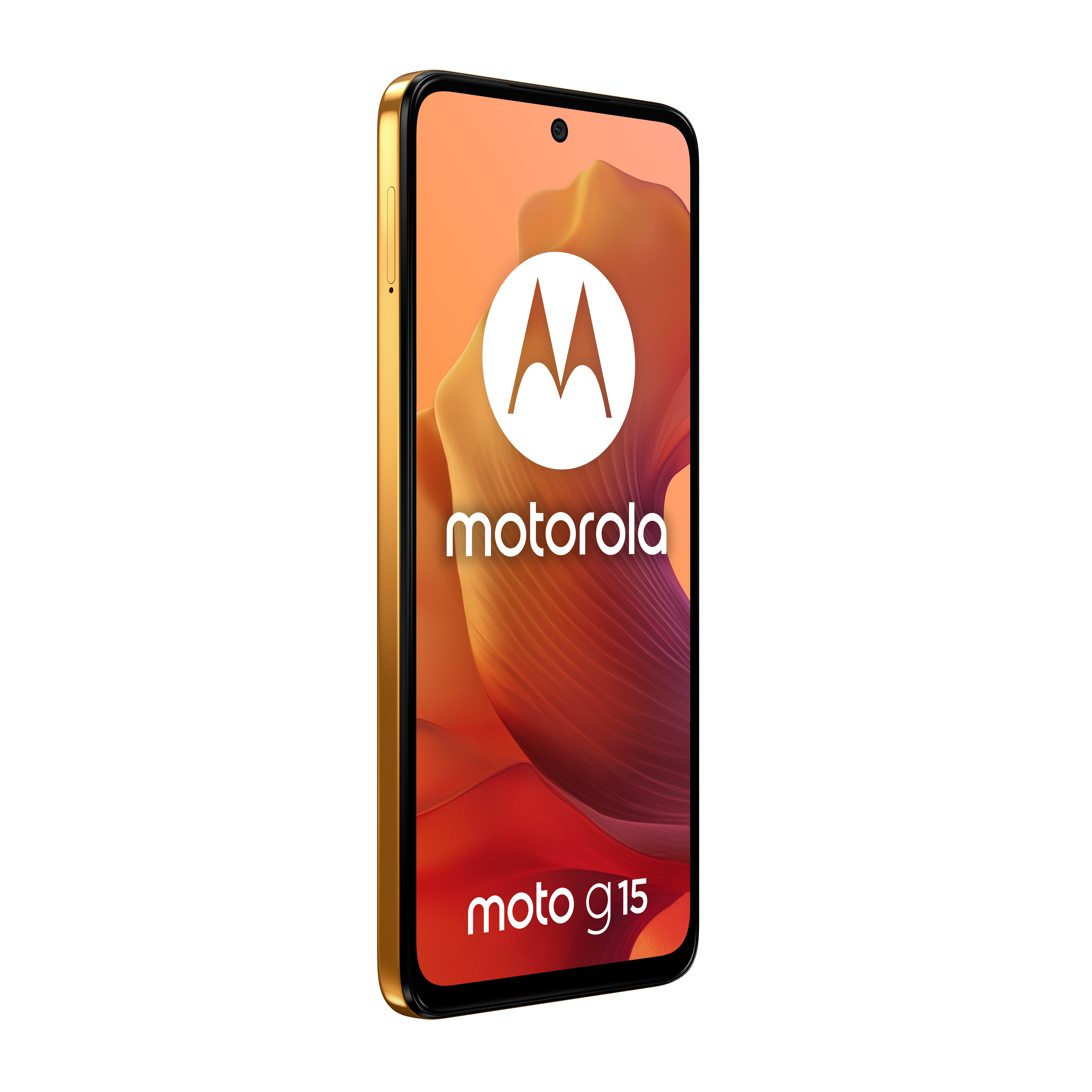 Złoty smartfon Motorola moto g15 na pomarańczowym abstrakcyjnym tle.