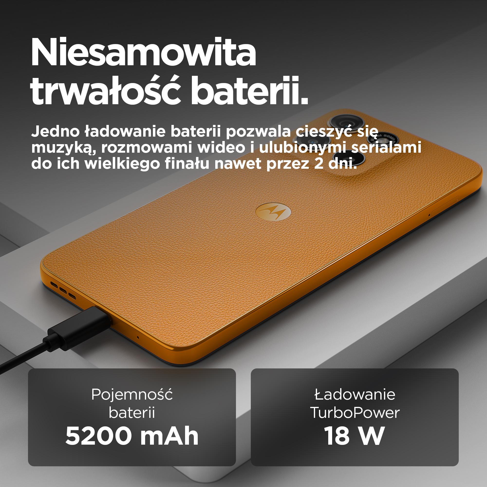 Pomarańczowy smartfon z ładowarką, bateria 5200 mAh, TurboPower 18W.