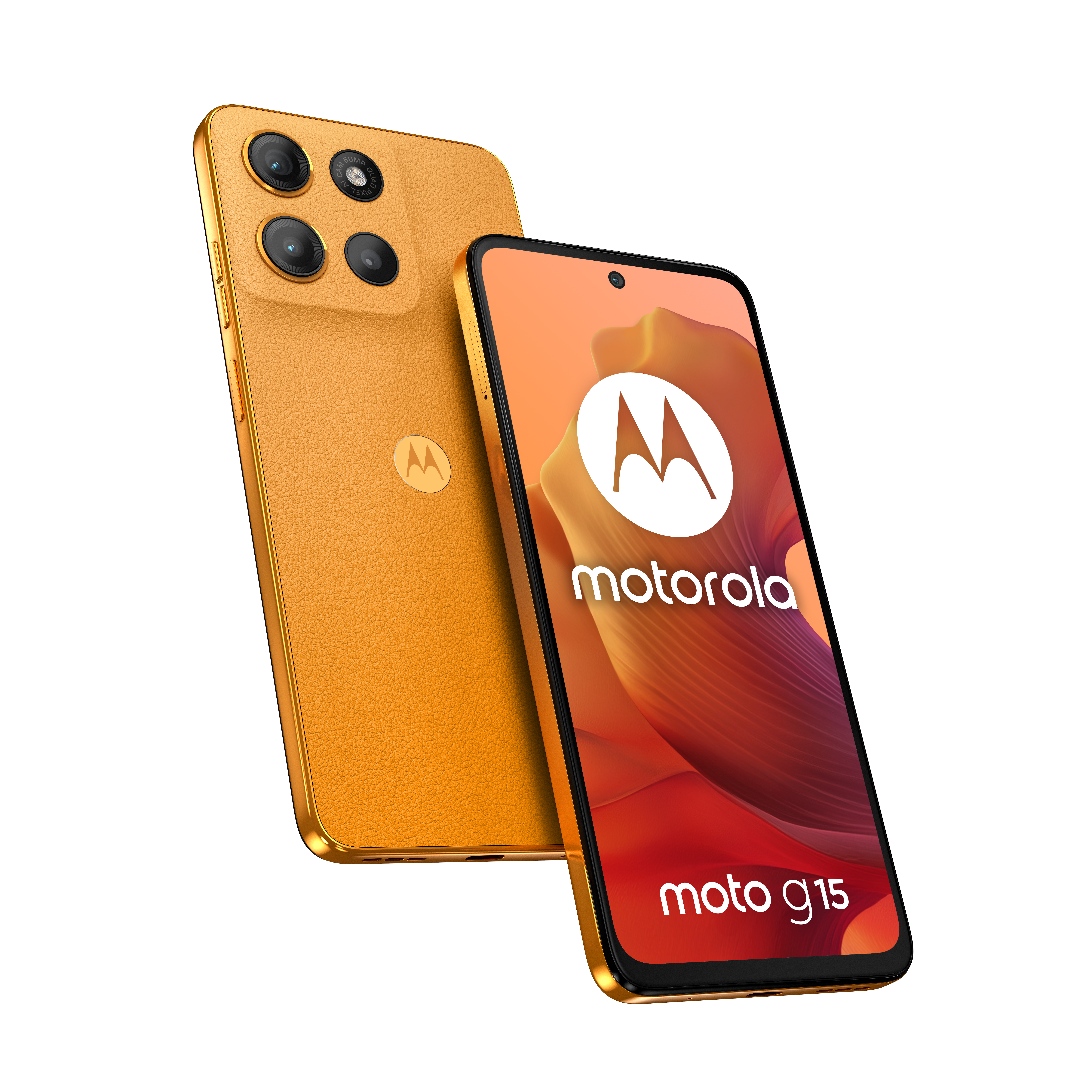 Pomarańczowy telefon Motorola Moto G15 z poczwórnym aparatem z tyłu.