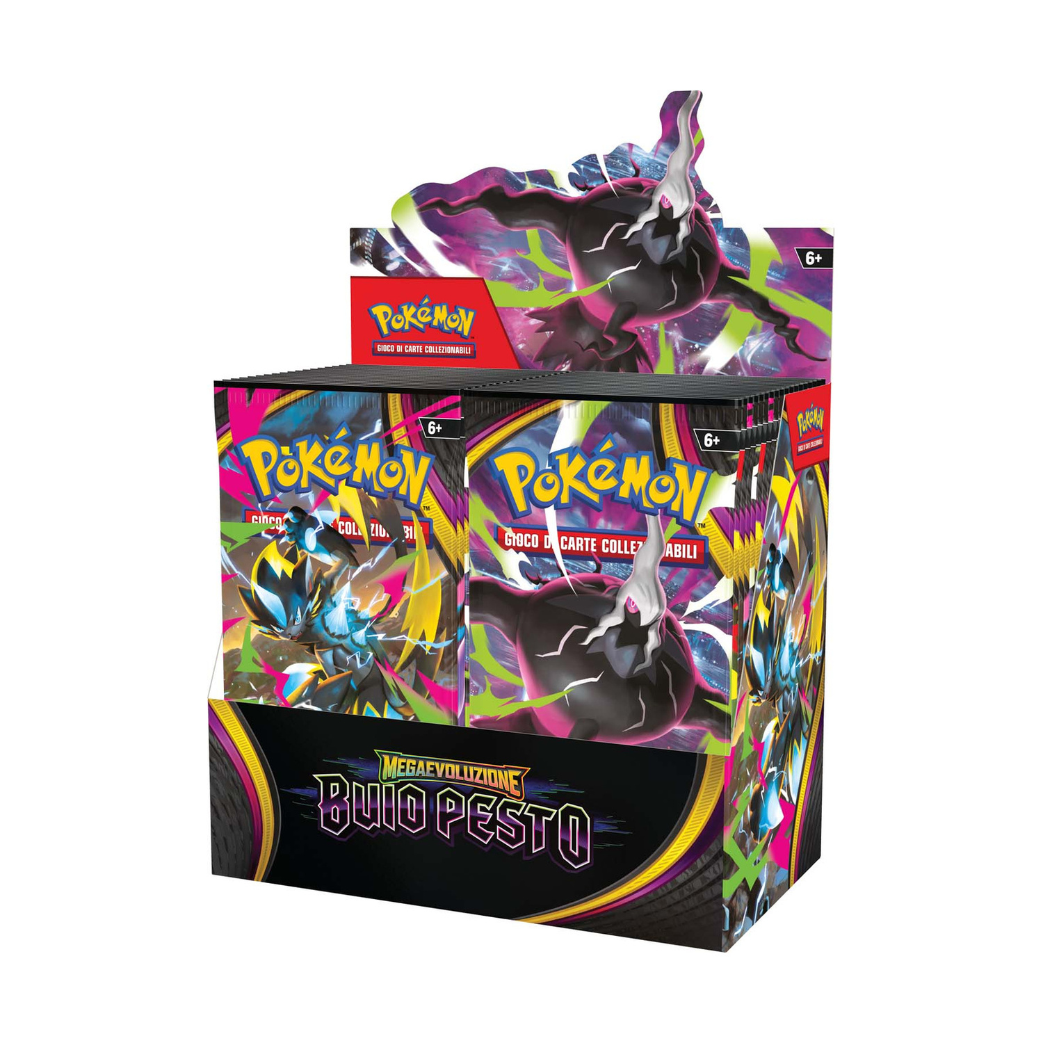 Espositore carte Pokémon con artwork scuro e mostri, età 6+.