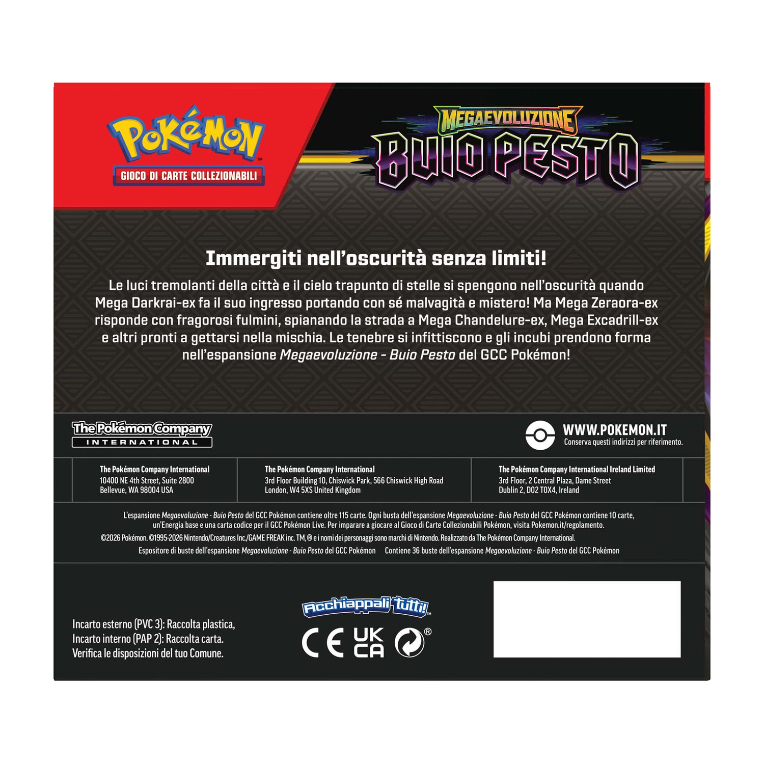 Carta Pokémon: "Megaevoluzione - Buio Pesto". Testo e loghi su sfondo nero.