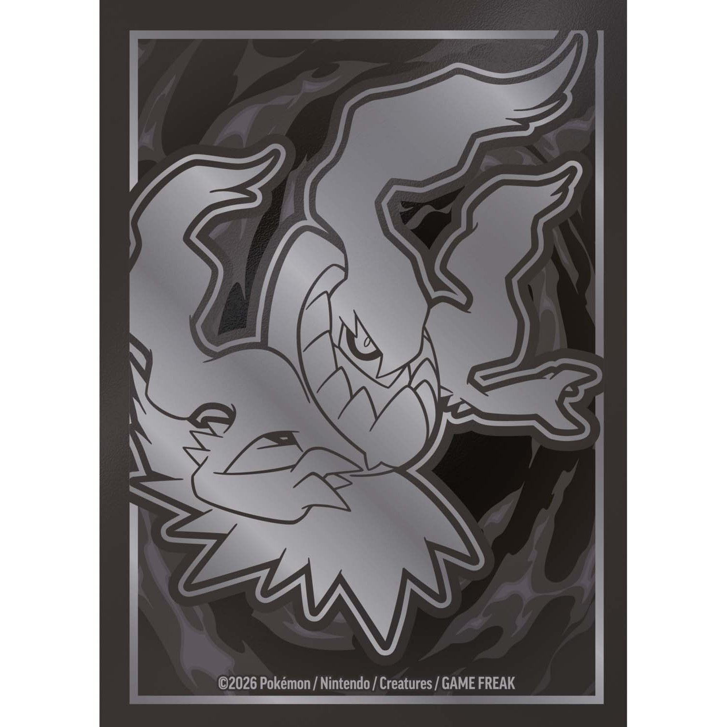 Illustrazione grigia di due Pokémon con sfondo di fiamme.