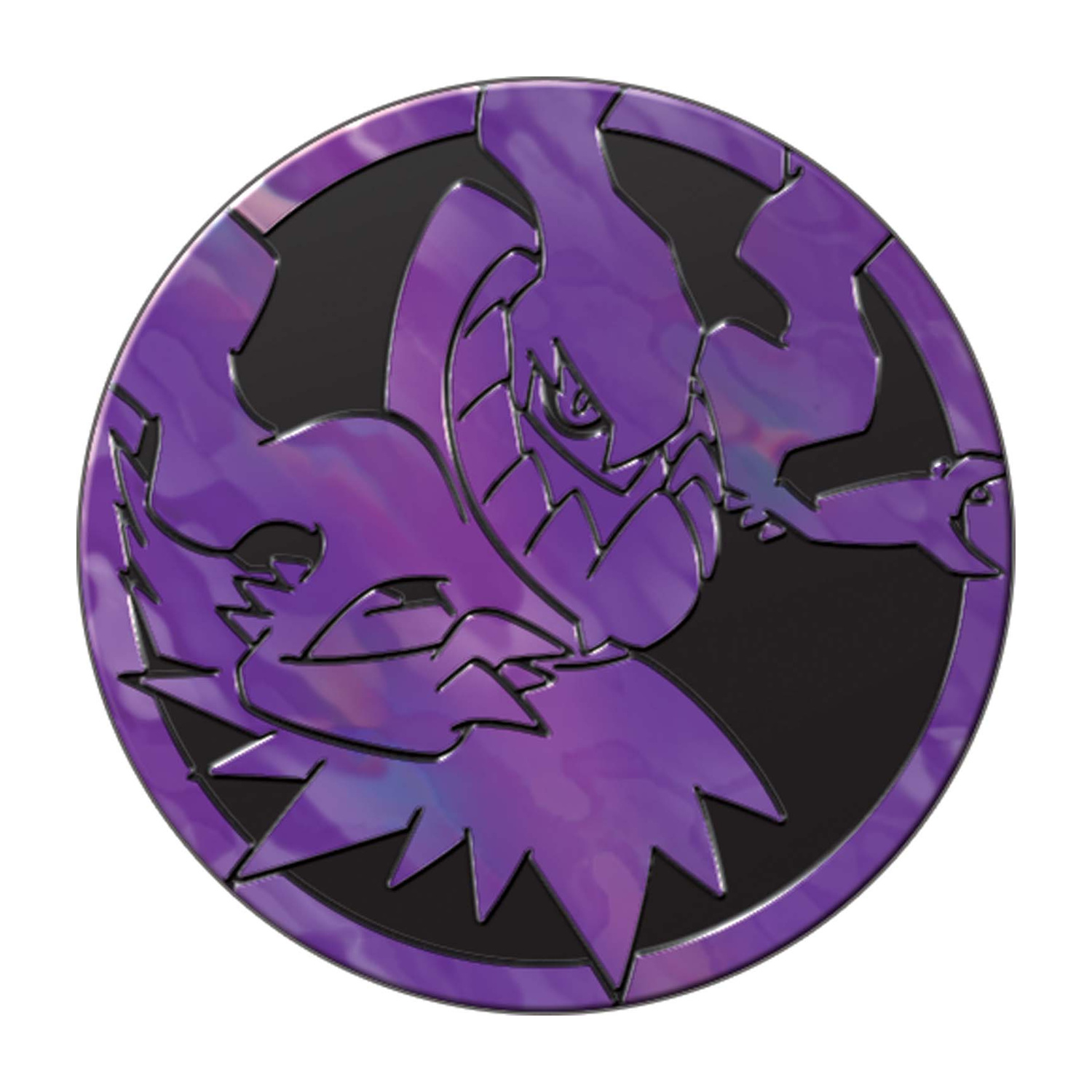 Una moneta rotonda viola con un disegno di drago nero.