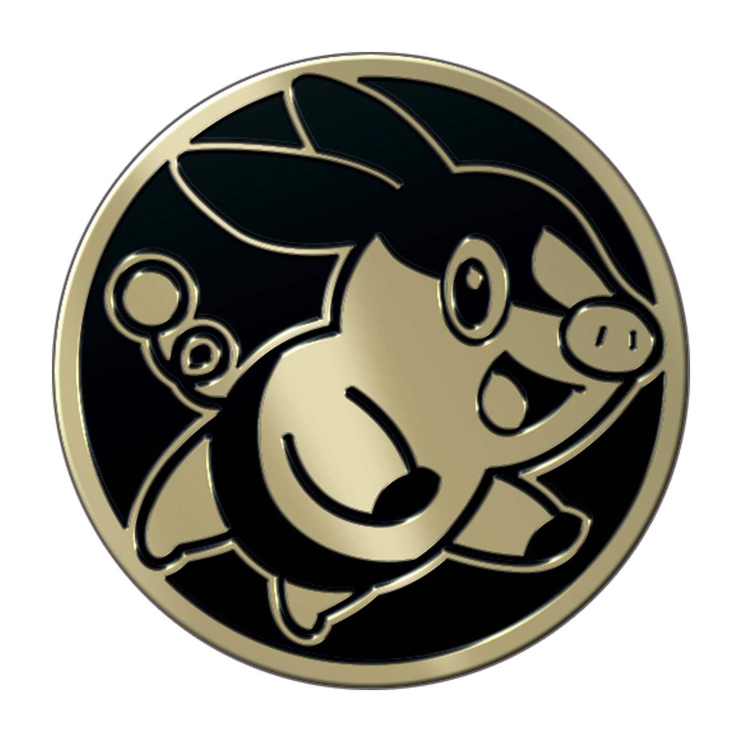 Una moneta d'oro con un disegno di maialino nero. Ha grandi orecchie e una coda arricciata.