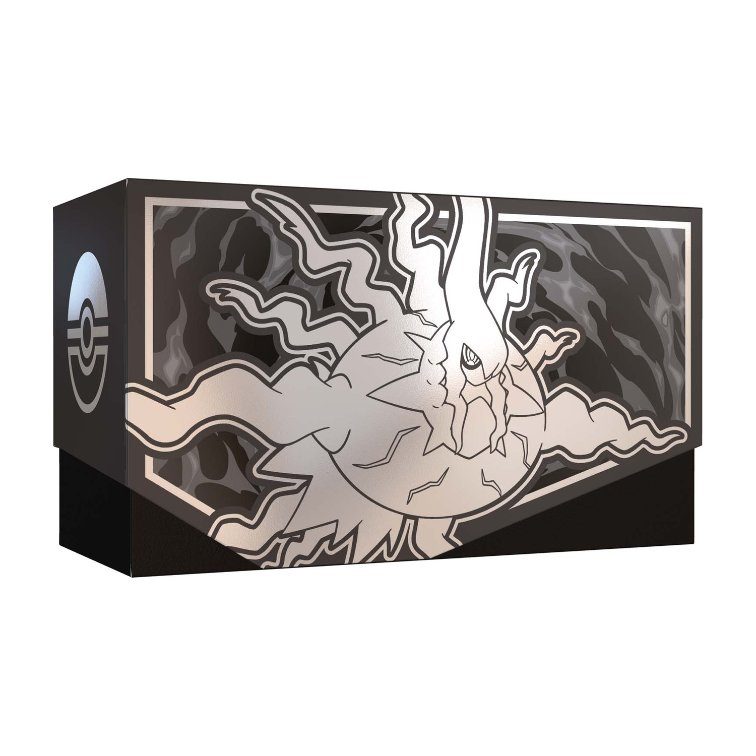 Scatola nera con logo Pokémon argentato e figura stilizzata nella nebbia.