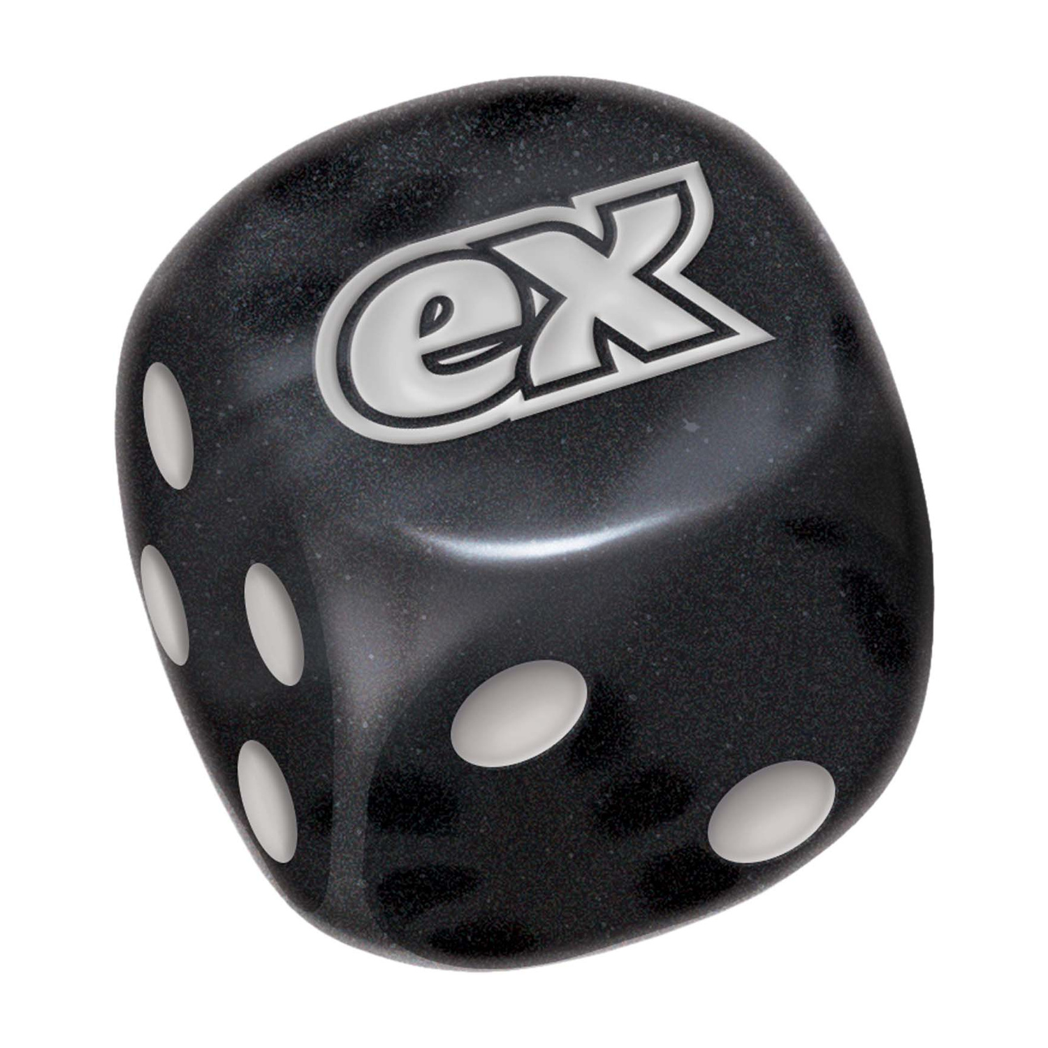 Dado nero con logo bianco "ex" e puntini bianchi.