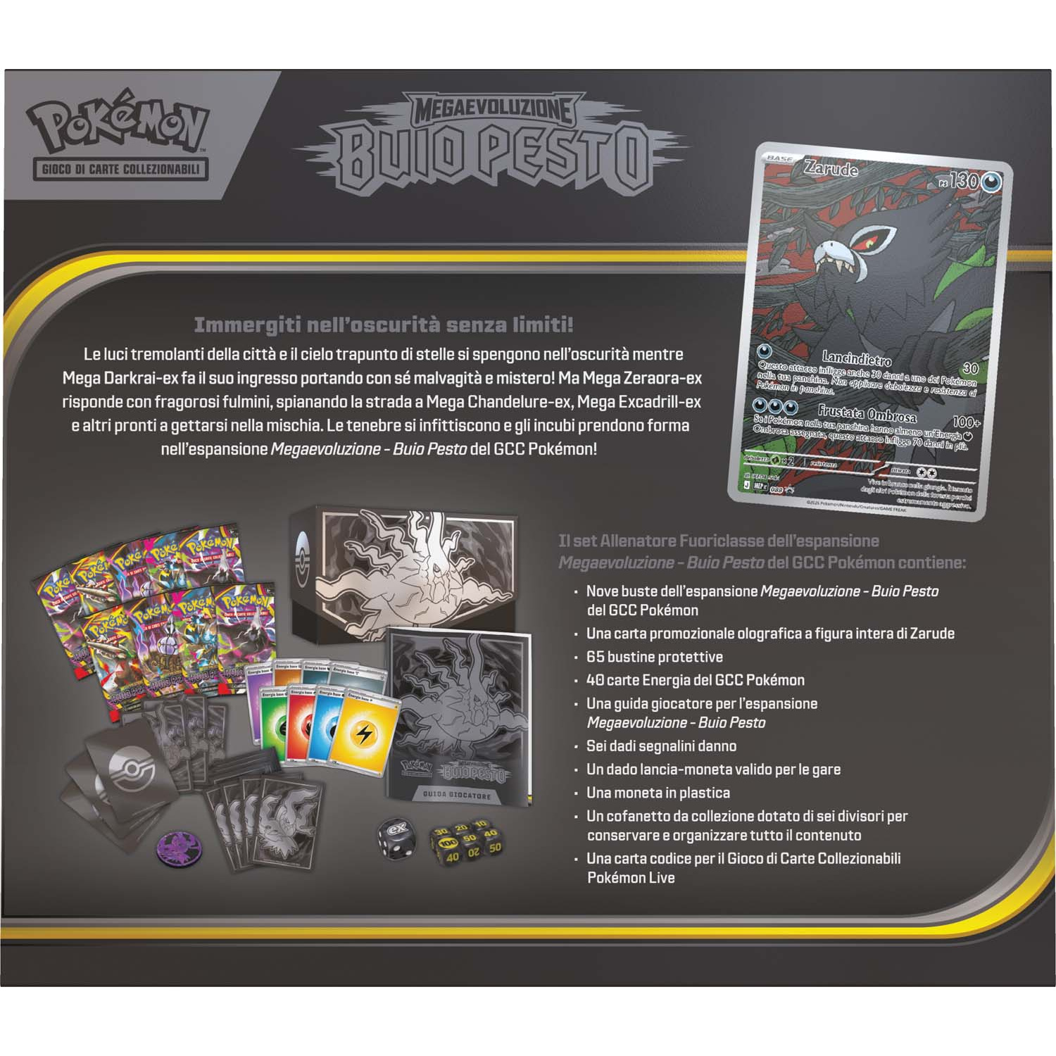 Set espansione Pokémon "Megaevoluzione - Buio Pesto" con carte, bustine, dadi e box.
