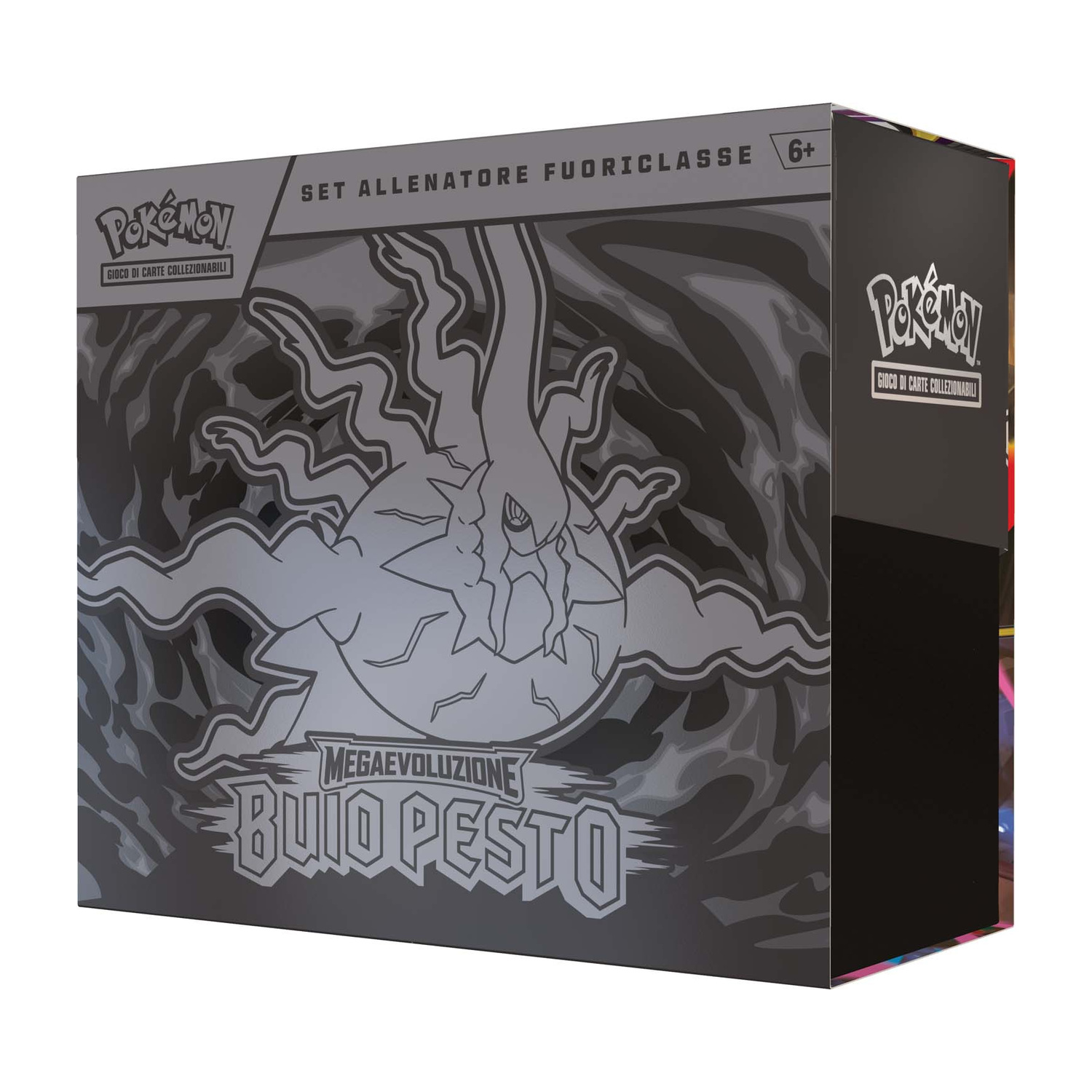 Scatola Pokemon nera con disegno grigio di una creatura e "Megaevoluzione Buio Pesto".