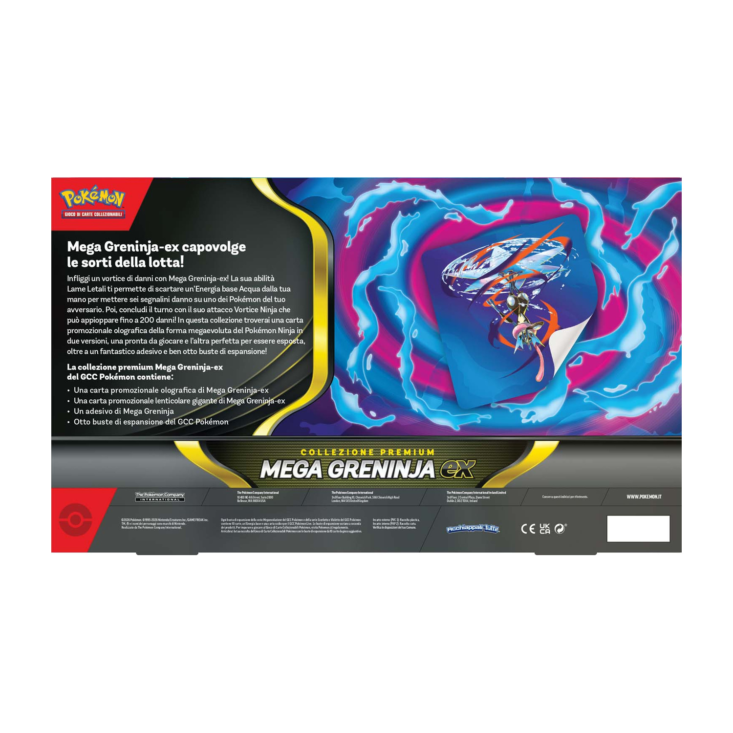 Box da collezione Pokémon Mega Greninja-ex con carte e adesivo.