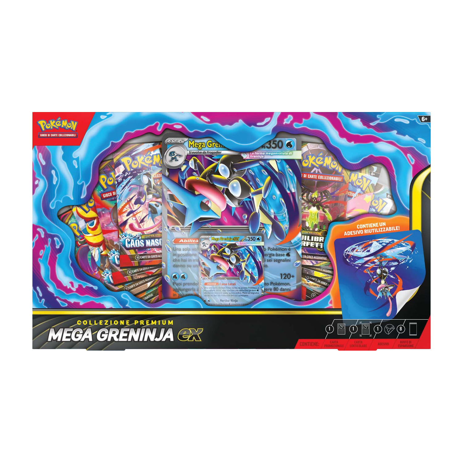 Box Collezione Premium Pokémon Mega Greninja EX con carte e adesivo.