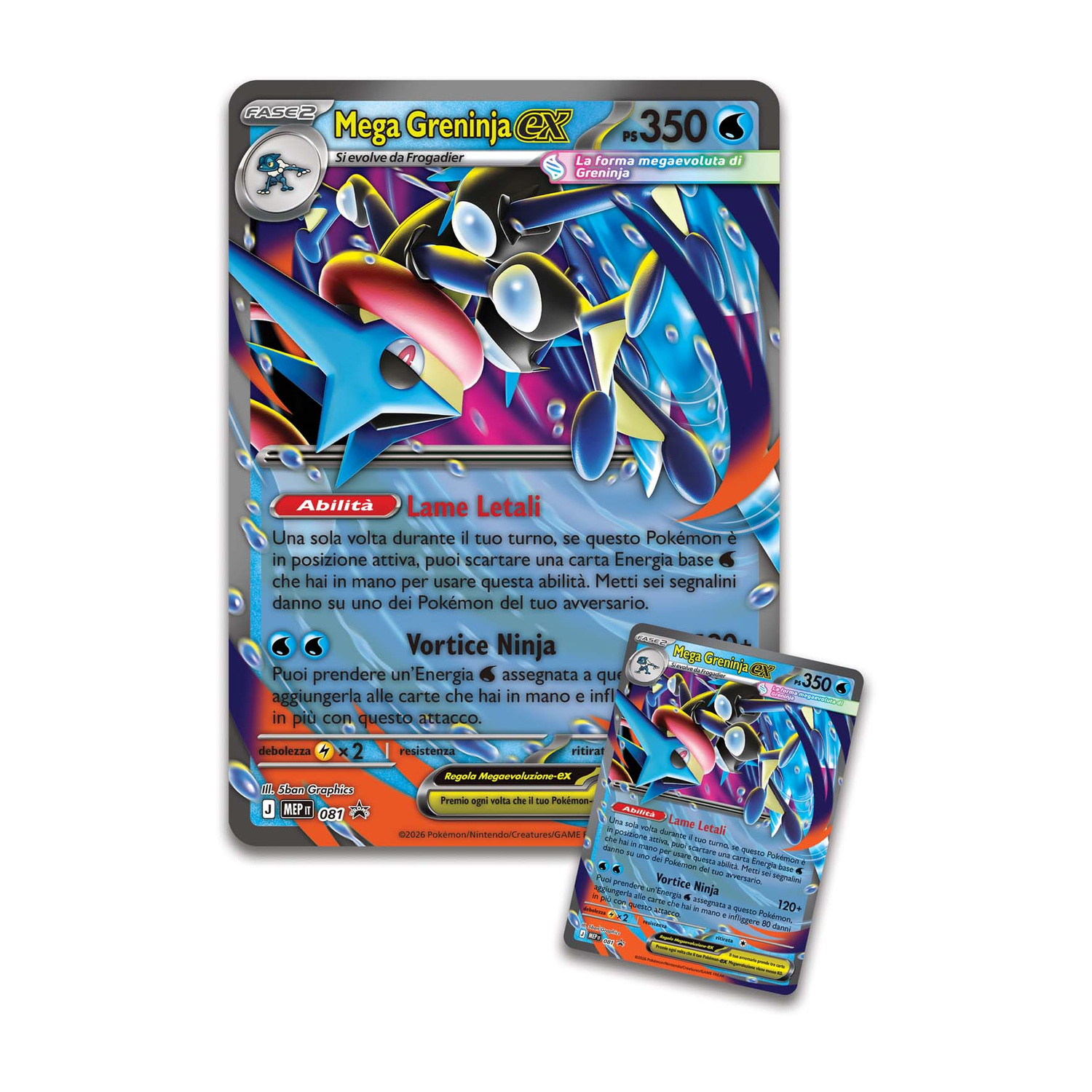 Carta Pokémon Mega Greninja EX con colori blu e neri.