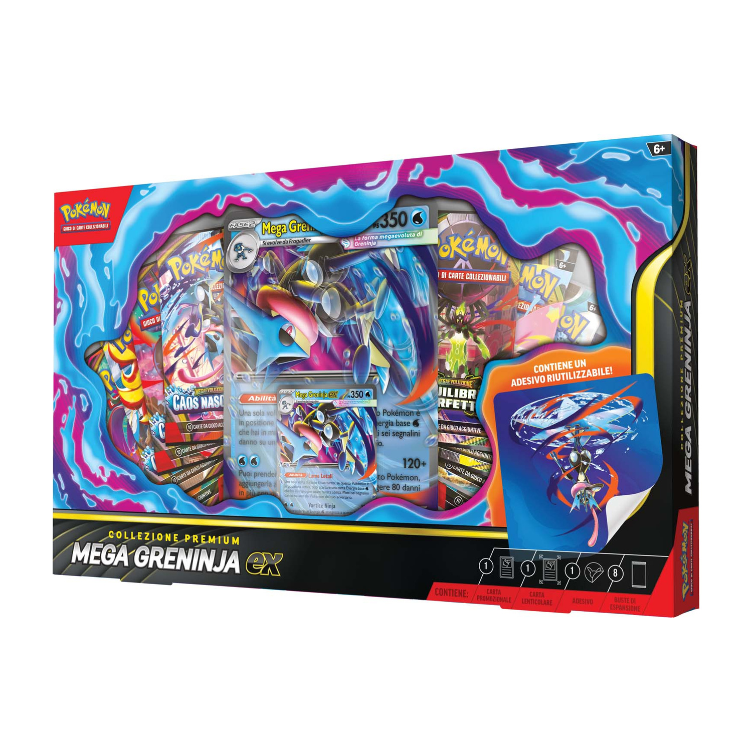 Box collezione Pokémon Mega Greninja EX con carte, adesivo e bustine.