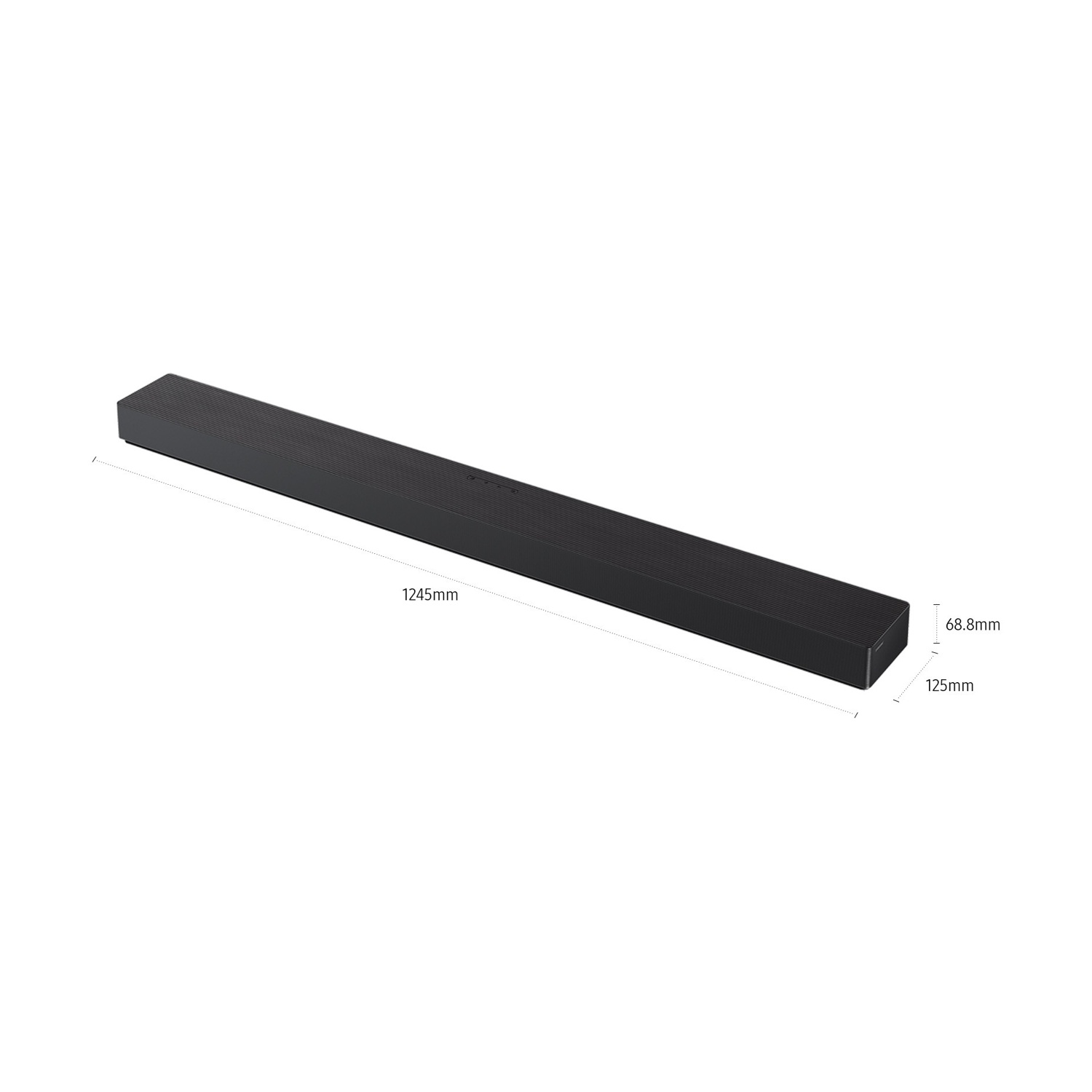 Soundbar nero con dimensioni 1245 mm x 68,8 mm x 125 mm.